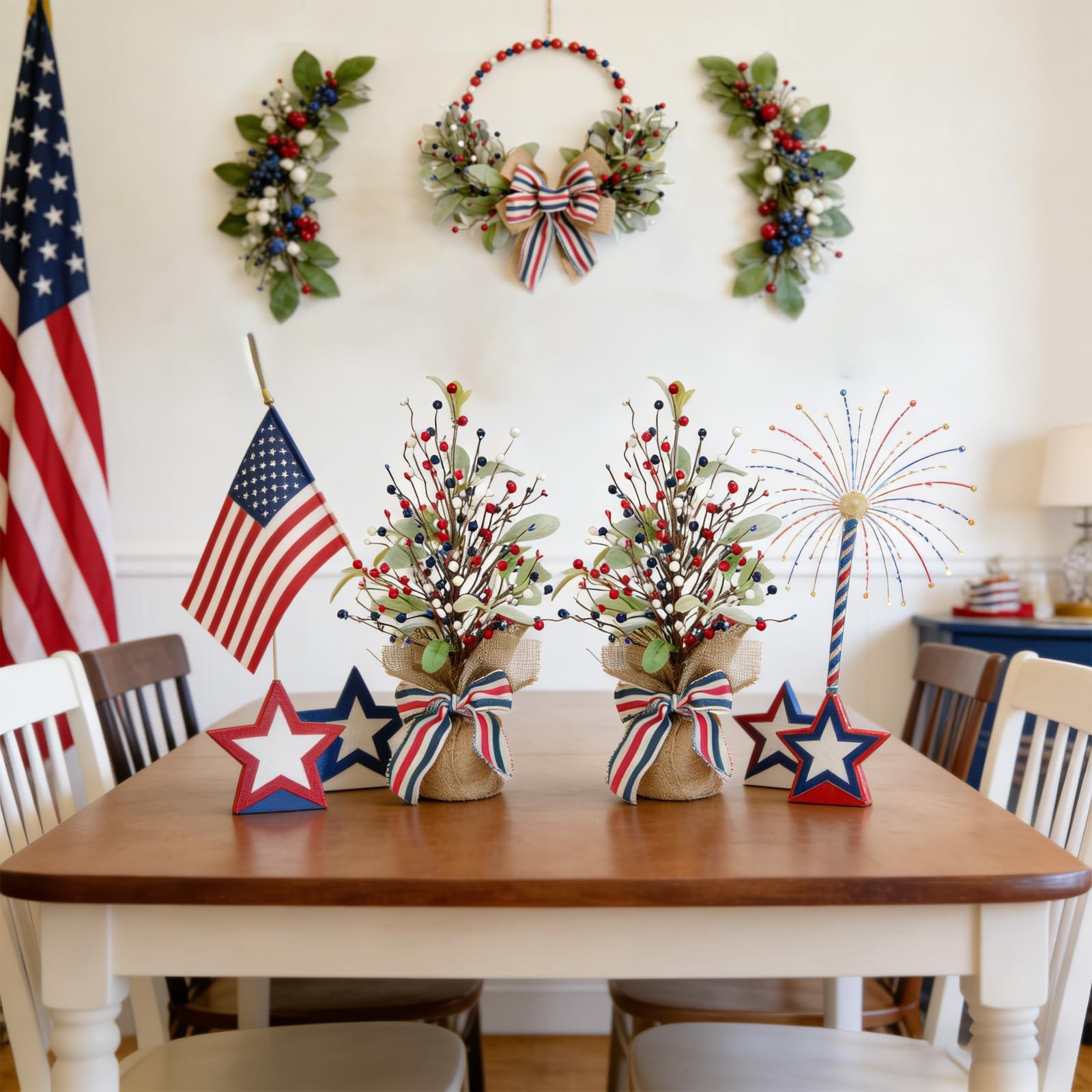 2 Pack 4th of July Artificial Tree Tabletop Decor Patriotic Tree Red Blue White