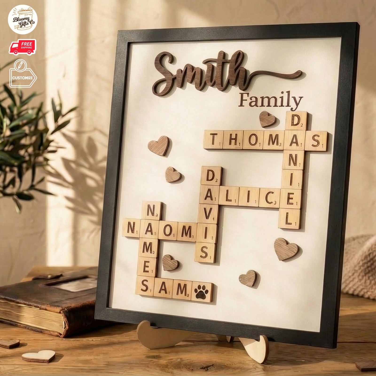 Personalized Family Crossword Puzzle Custom Scrabble Name Wood Frame Dad Gift