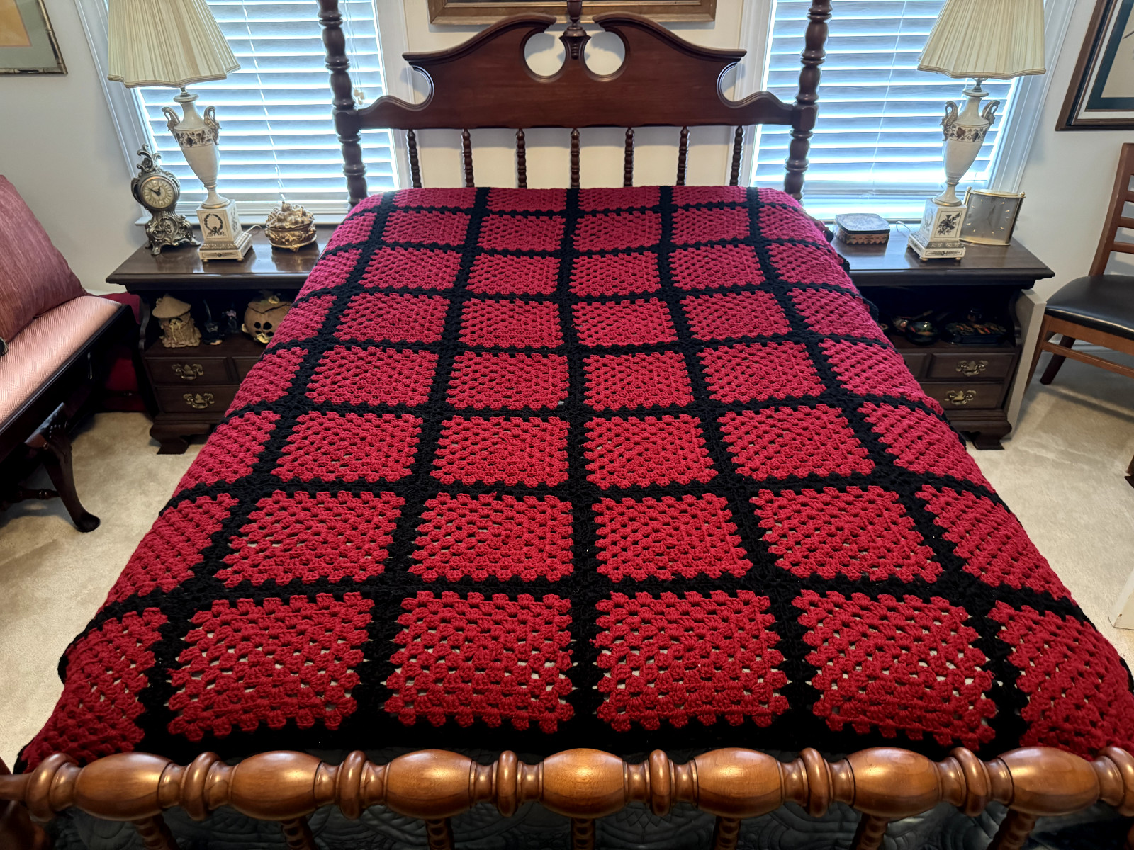 Vintage Crochet Throw Afghan Blanket 60×78 Deep Red Squares Outlined in Black