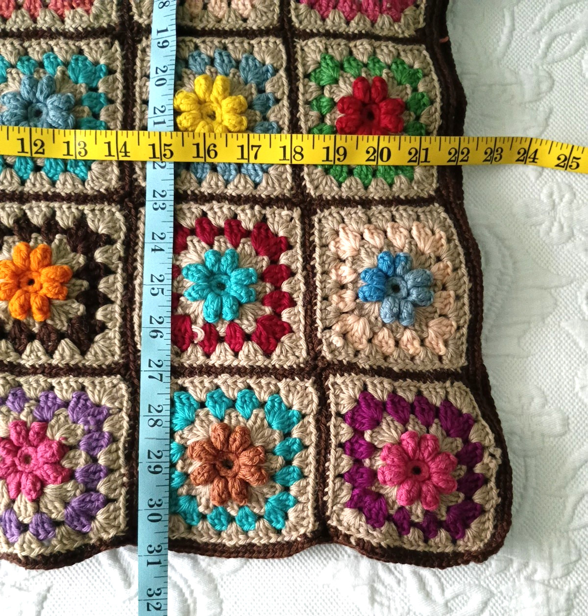 Vintage Granny Square 3D Raised Flower Crochet Afghan Blanket 44″x61” Brown Tan