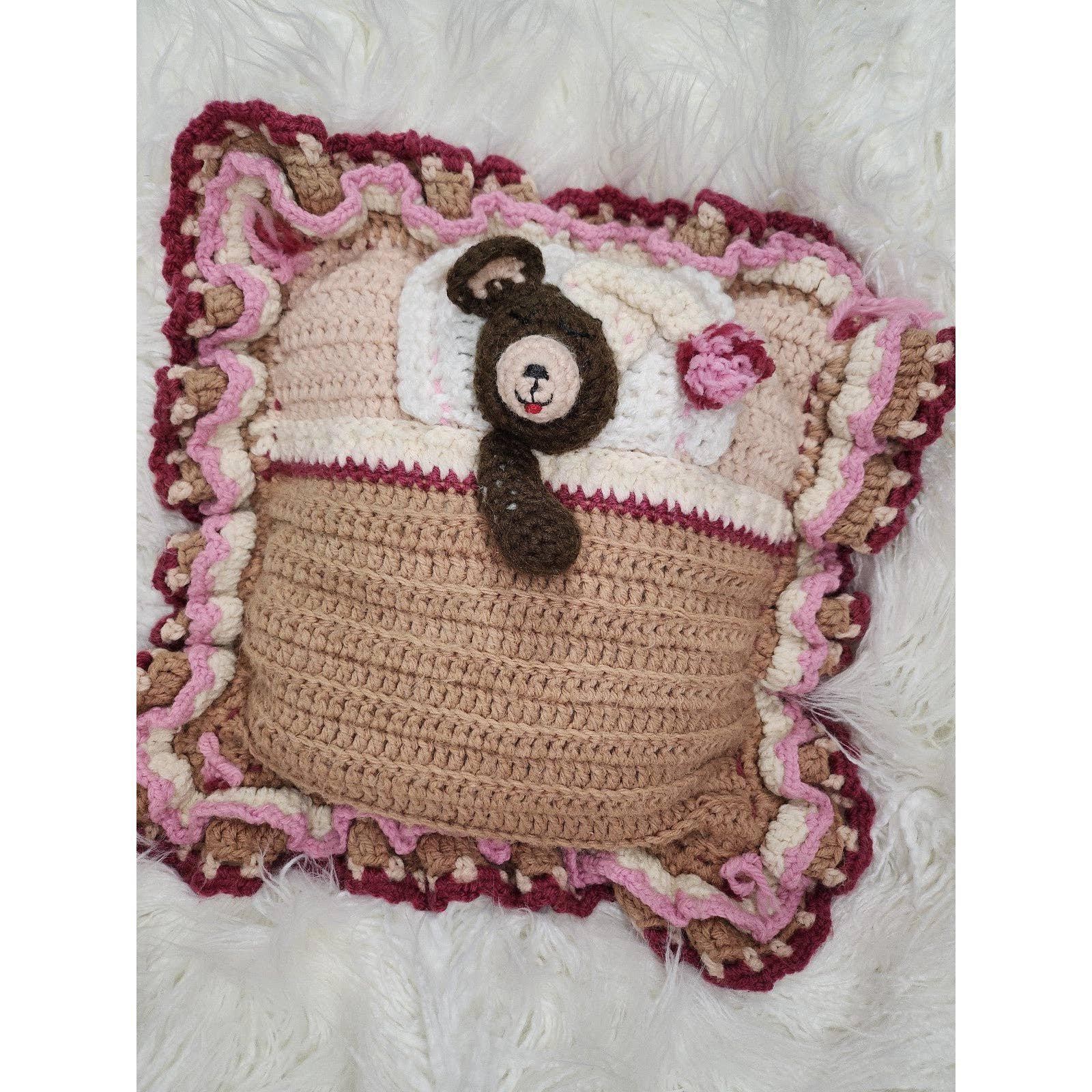 Handmade Crochet Ruffle Pillow 12×12 Cottagecore Bear Accent