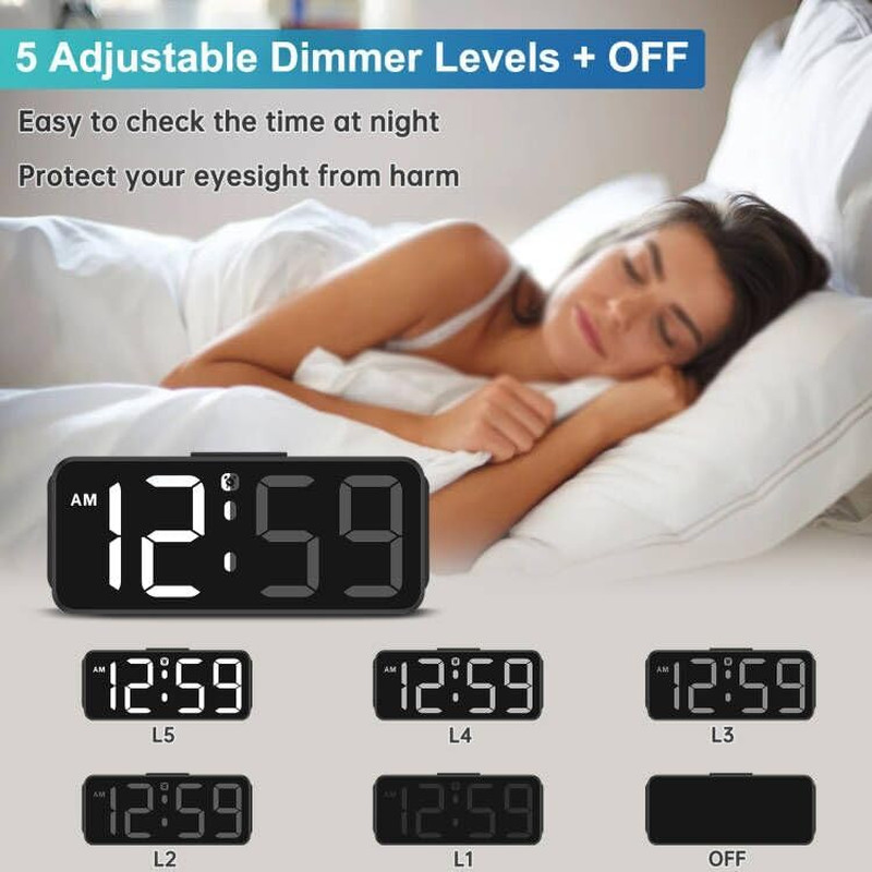 Small Plug In Digital Alarm Clock Large Numbers 6 Dimmers Battery Backup White