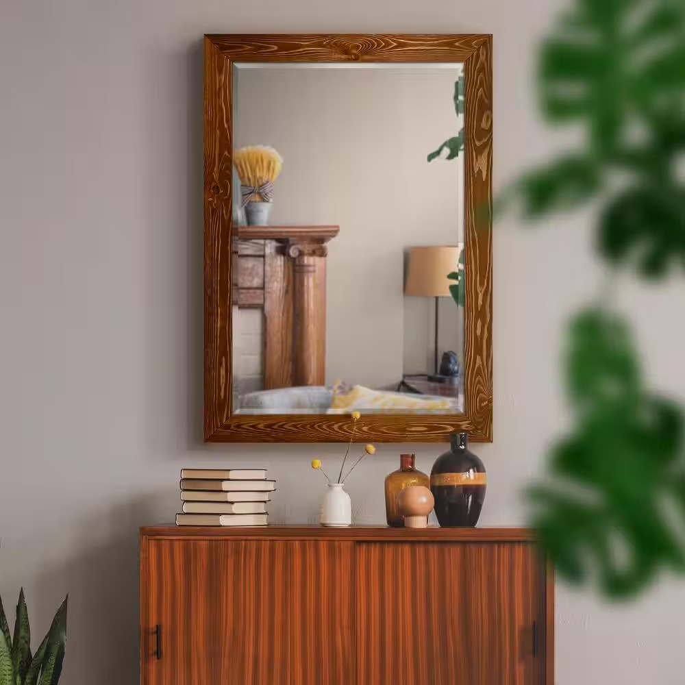 29 In. W X 41 In. H Framed Rectangle Beveled Edge Wood Mirror in Maple