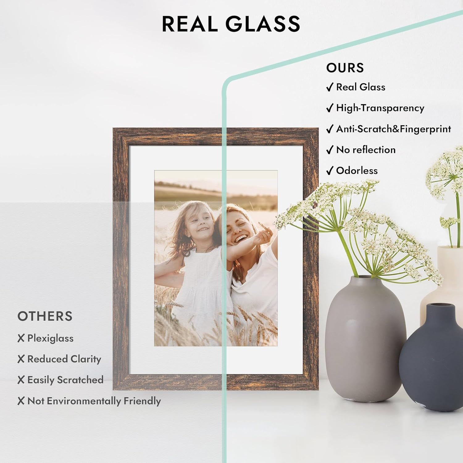 8×8 Picture Frame with Glass, Display Pictures 6×6 with Mat 8X8 in Rustic Brown