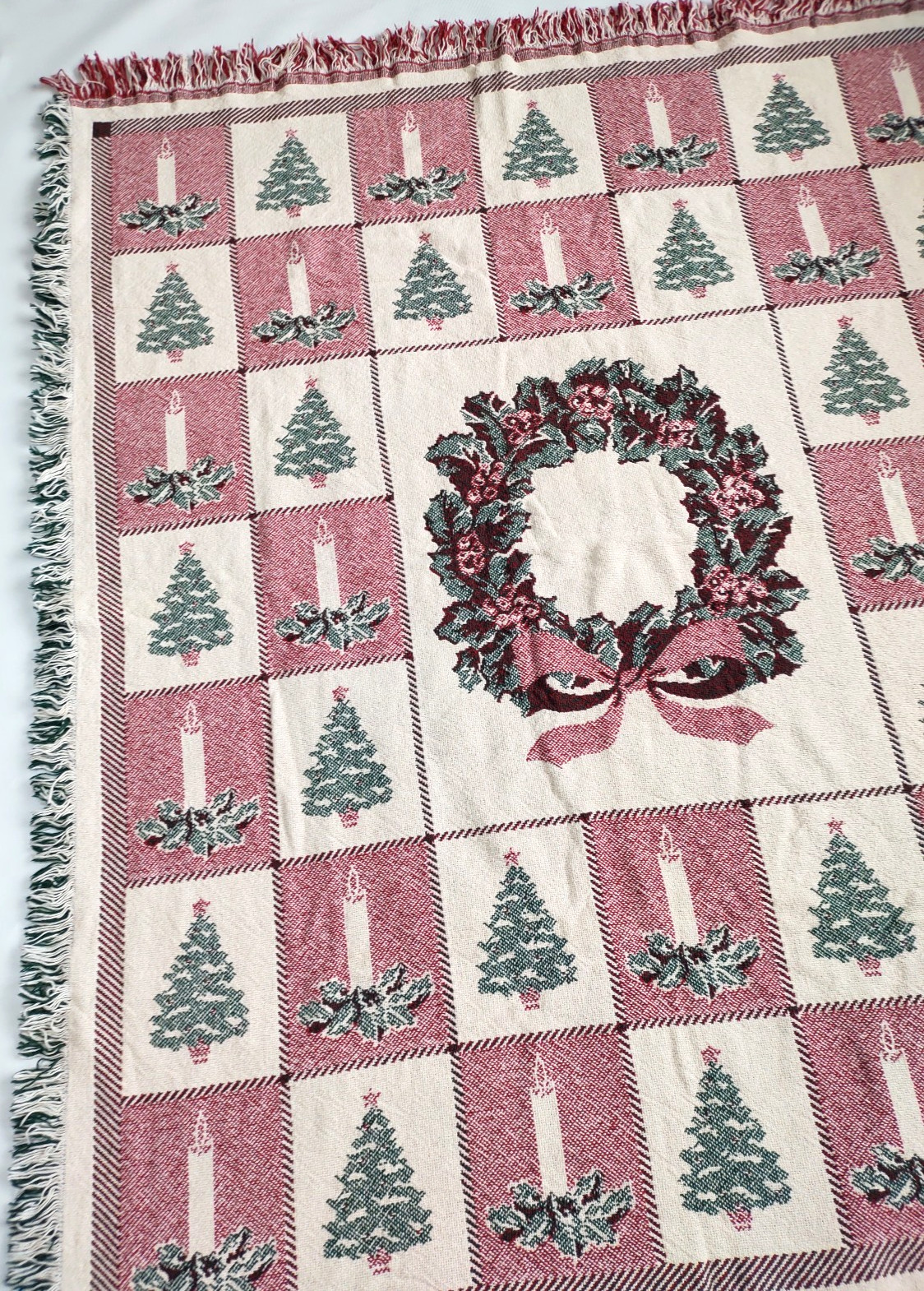 Weaved Tapestry Wreath Blanket~Trees Candles Fringed 100% Cotton~46in x 58 in