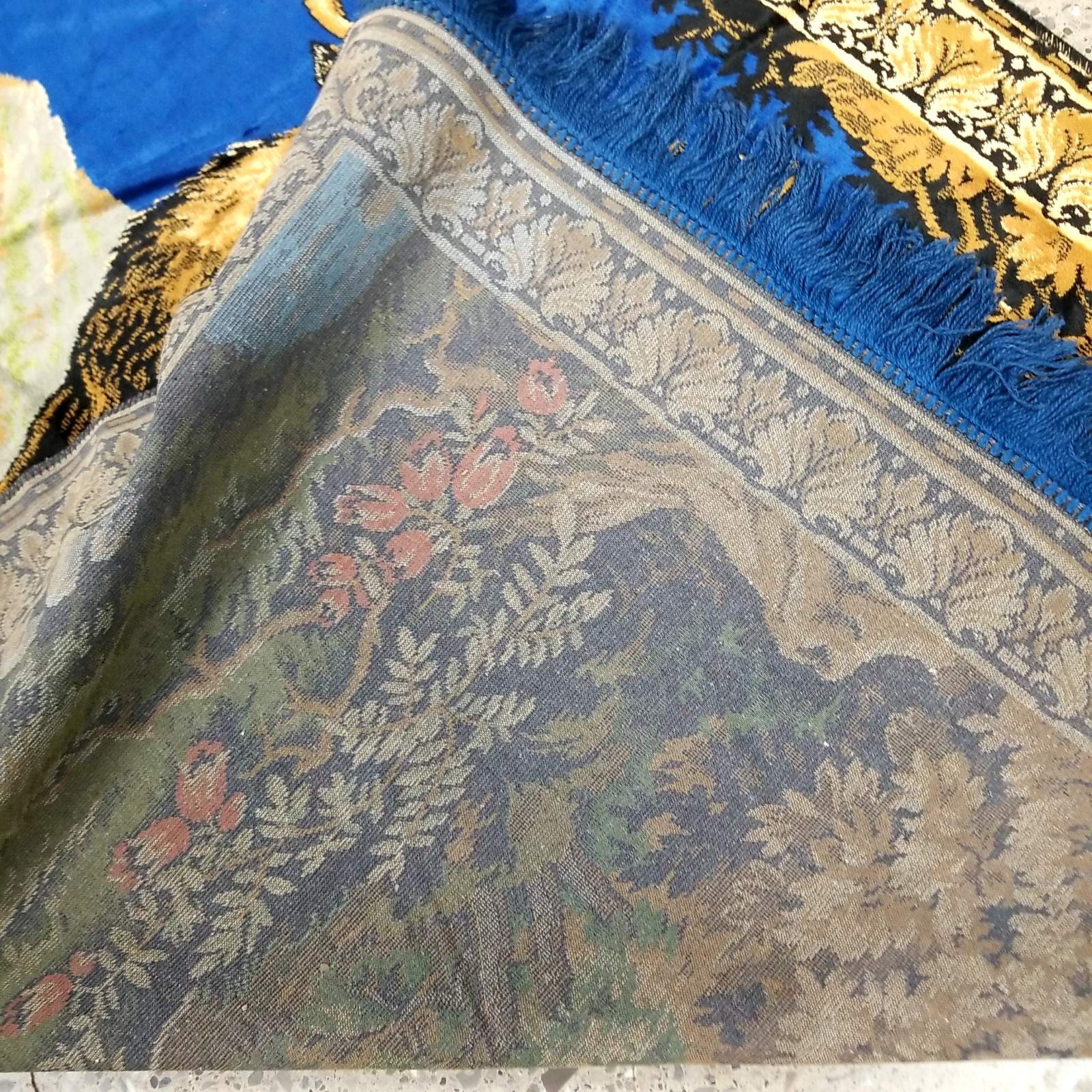 VTG Blue Gold Velvet Deer Fringe Wall Tapestry Rug Forest Scene Decor 48×73″