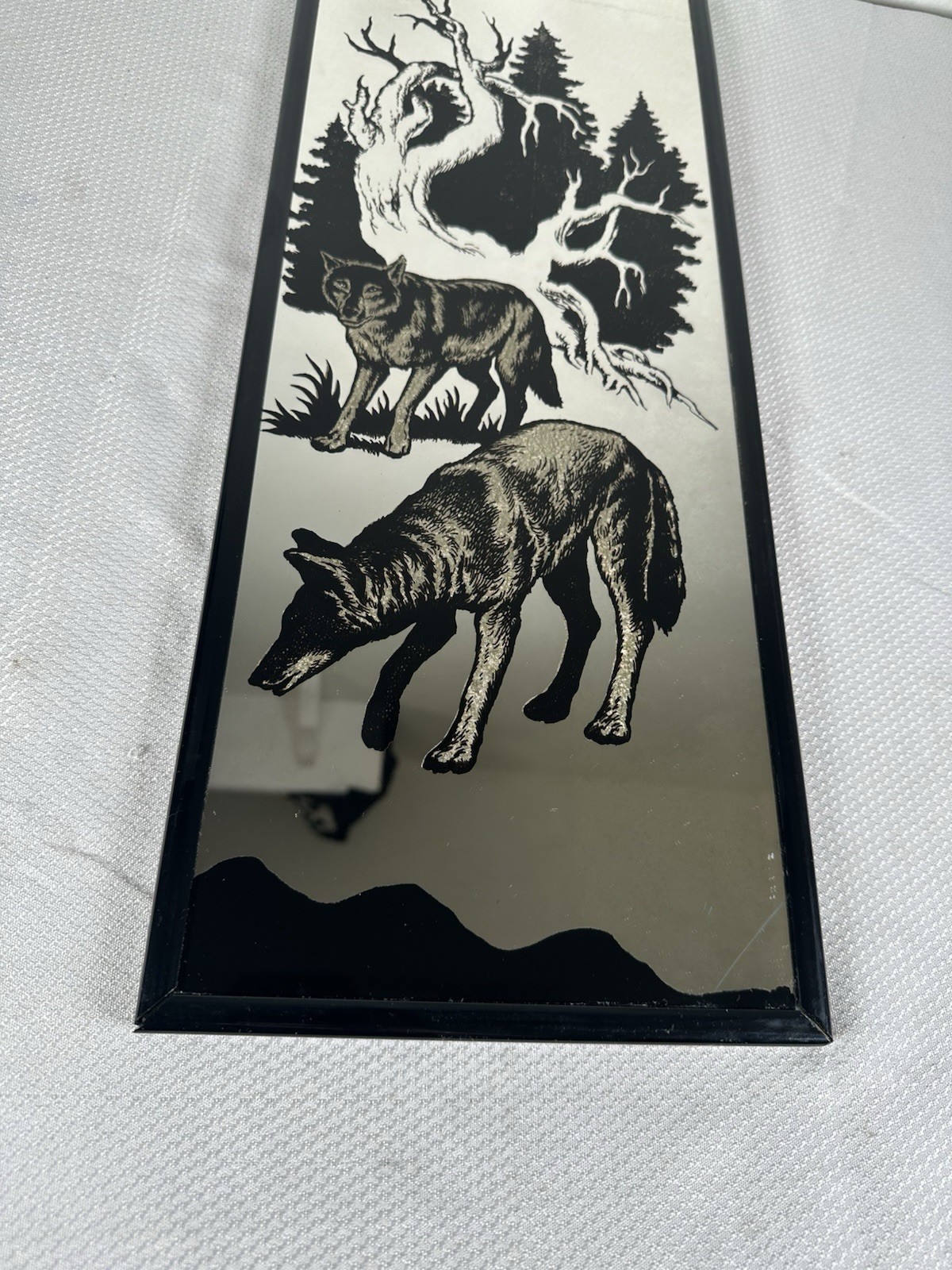 Vintage 1990s Wolf Wolves Animal Nature Mirror Artwork Glass Wall Decor 20×8″