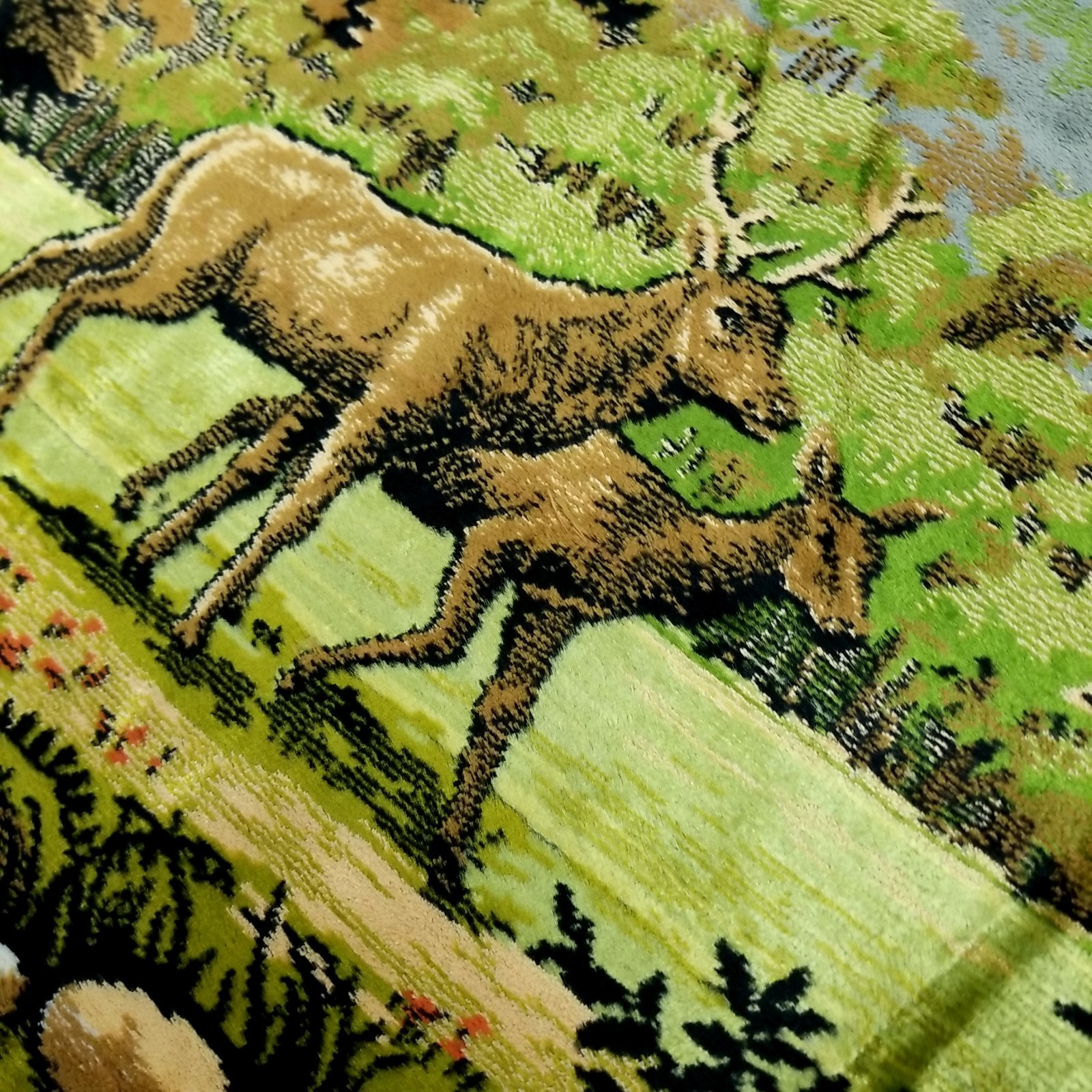 VTG Blue Gold Velvet Deer Fringe Wall Tapestry Rug Forest Scene Decor 48×73″