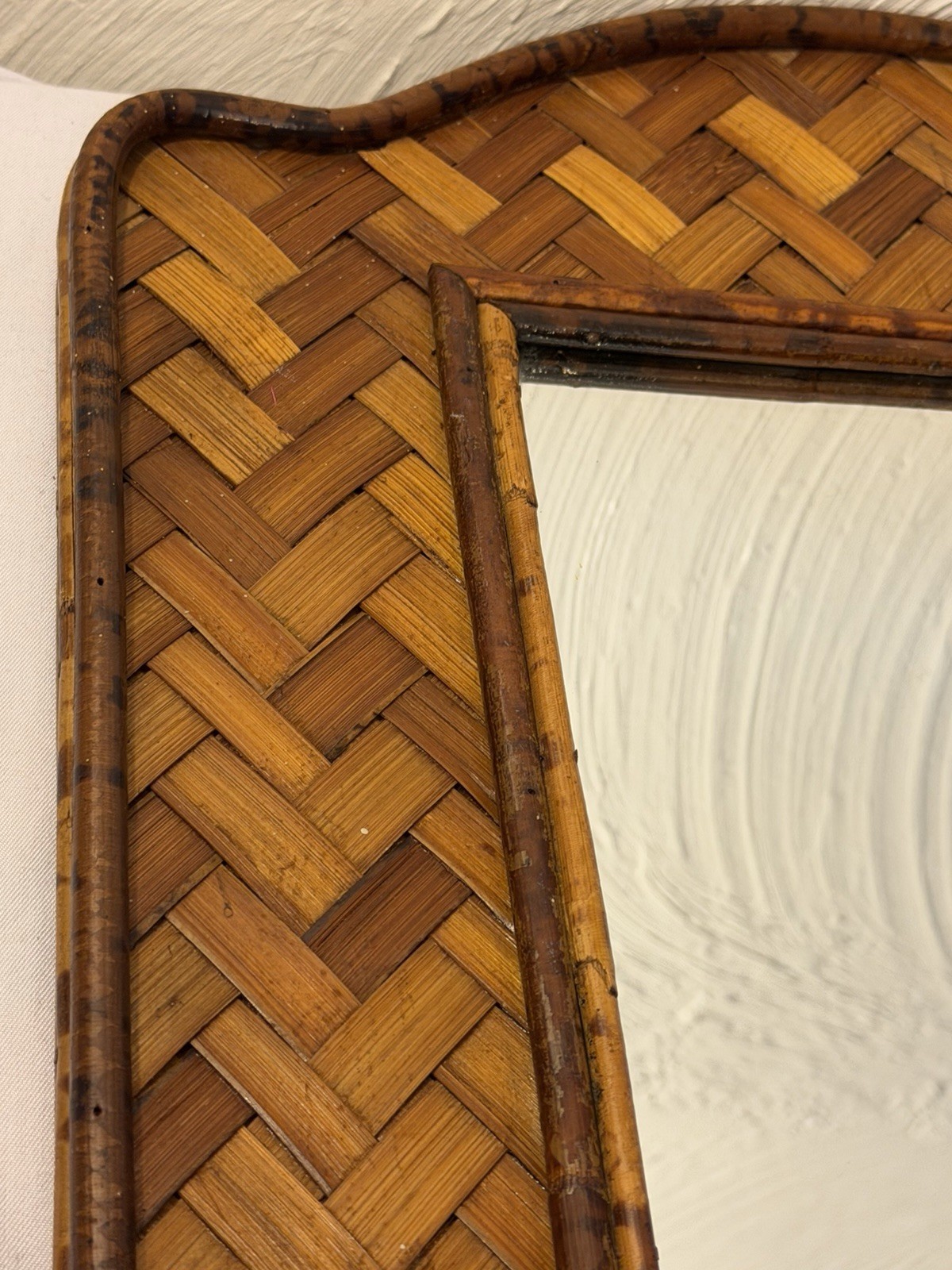 Vintage 1970’s Mottled Arched Bamboo Rattan Herringbone Pattern Mirror Hong Kong