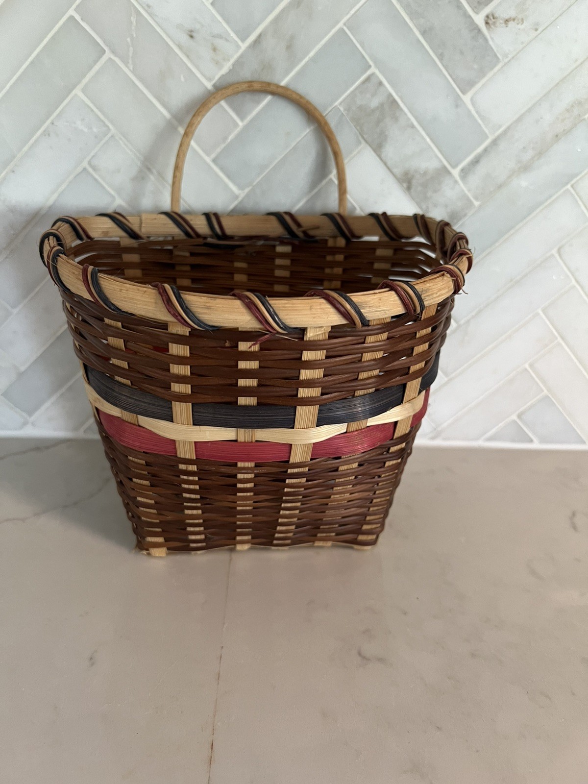 Vintage Hand Woven Wicker Wall Pocket Basket Gathering Tote Brown Red Boho Decor
