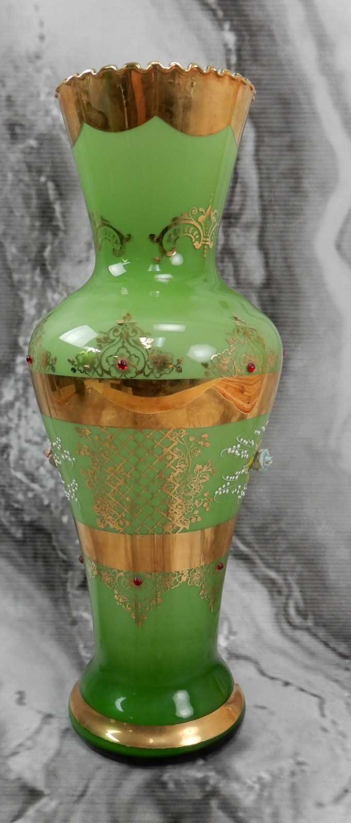 Antique Bohemian Green Glass Vase 16″ Tall Gold Gilt Red Cabochons Hand Painted