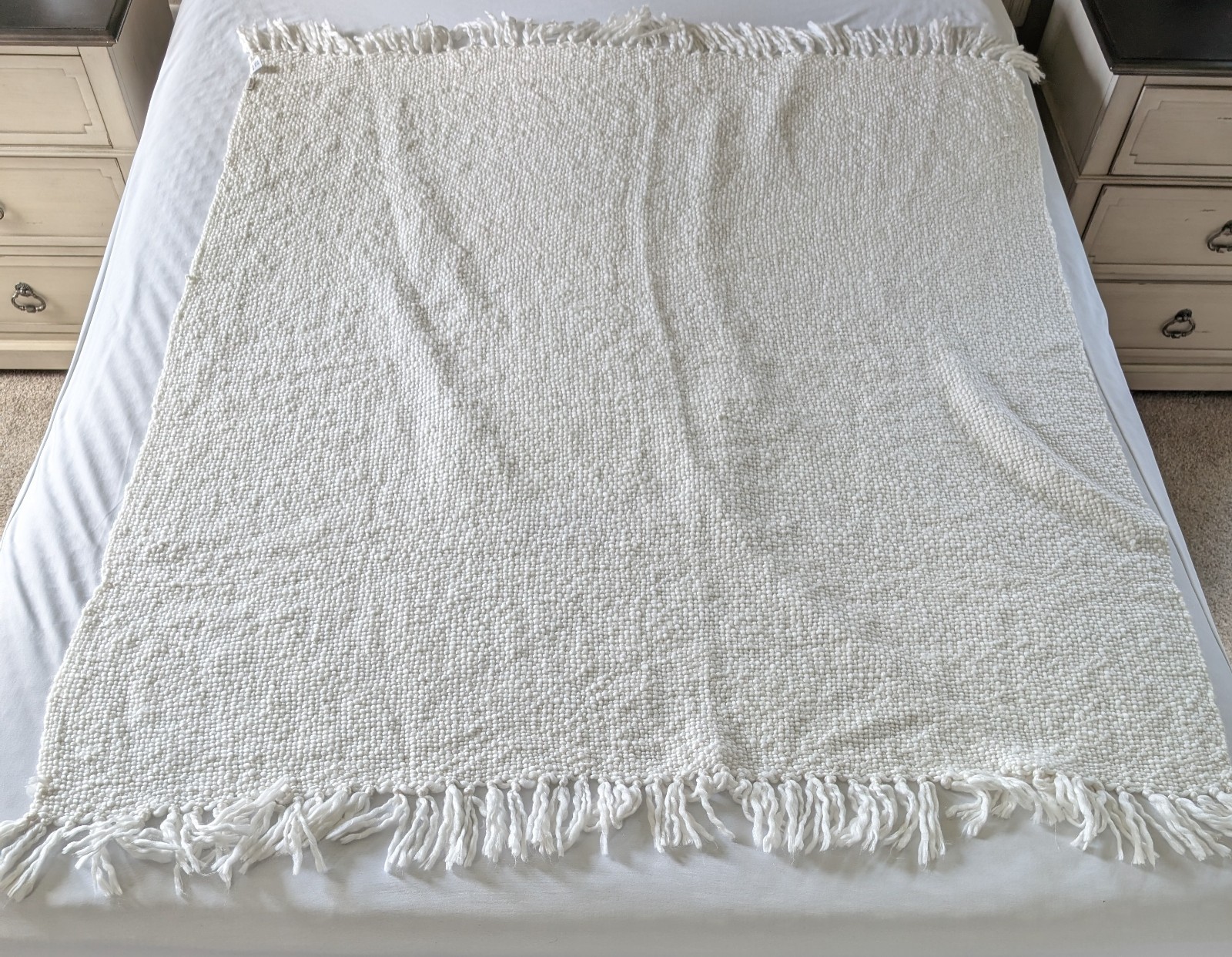 Pier 1 throw blanket textured chenille nubby fringe soft white 50×64” neutral