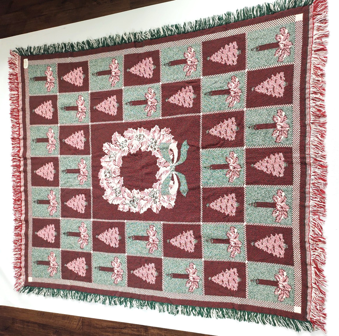 Weaved Tapestry Wreath Blanket~Trees Candles Fringed 100% Cotton~46in x 58 in