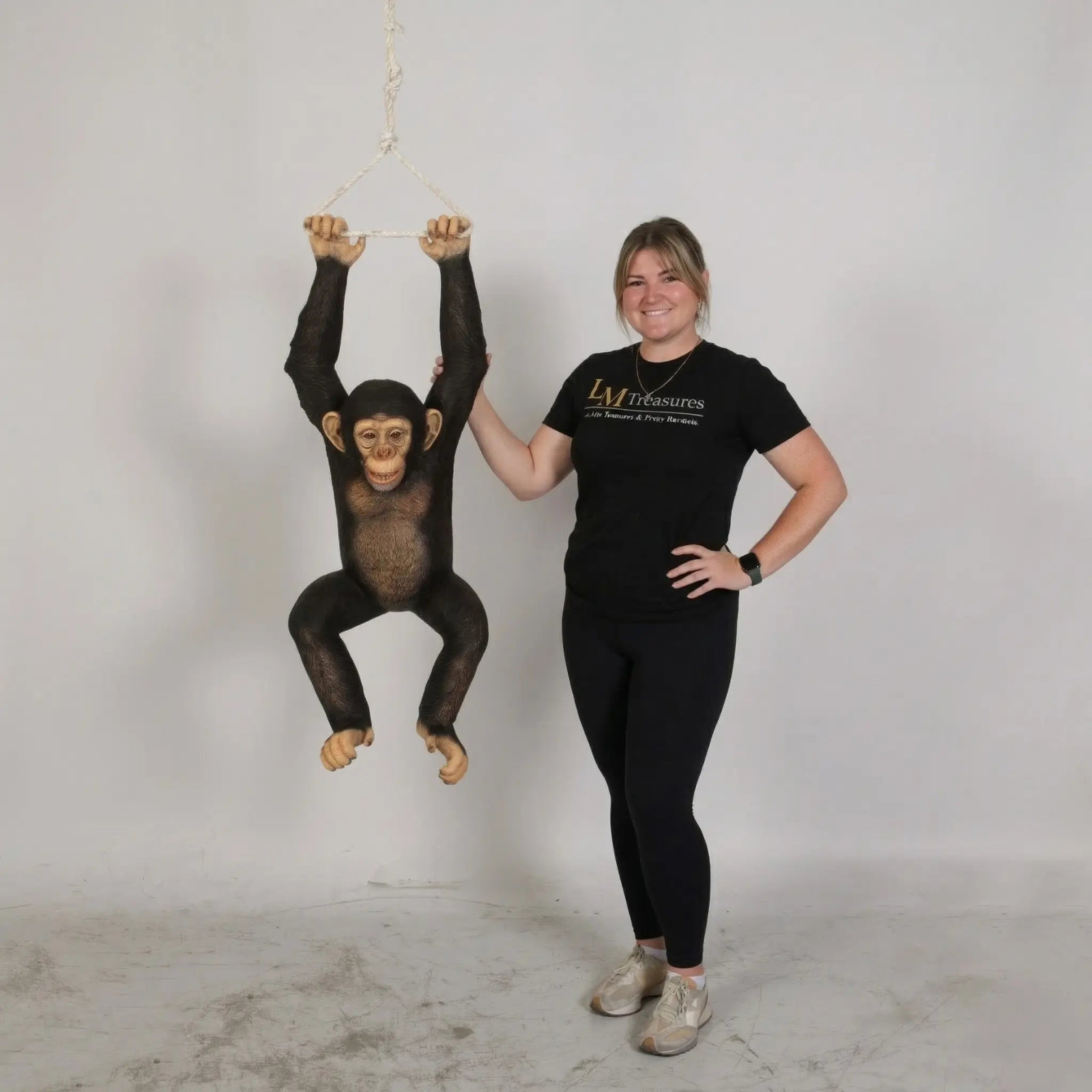 Realistic Chimpanzee Monkey Hanging From Rope With Two Hands Life Size Statue
