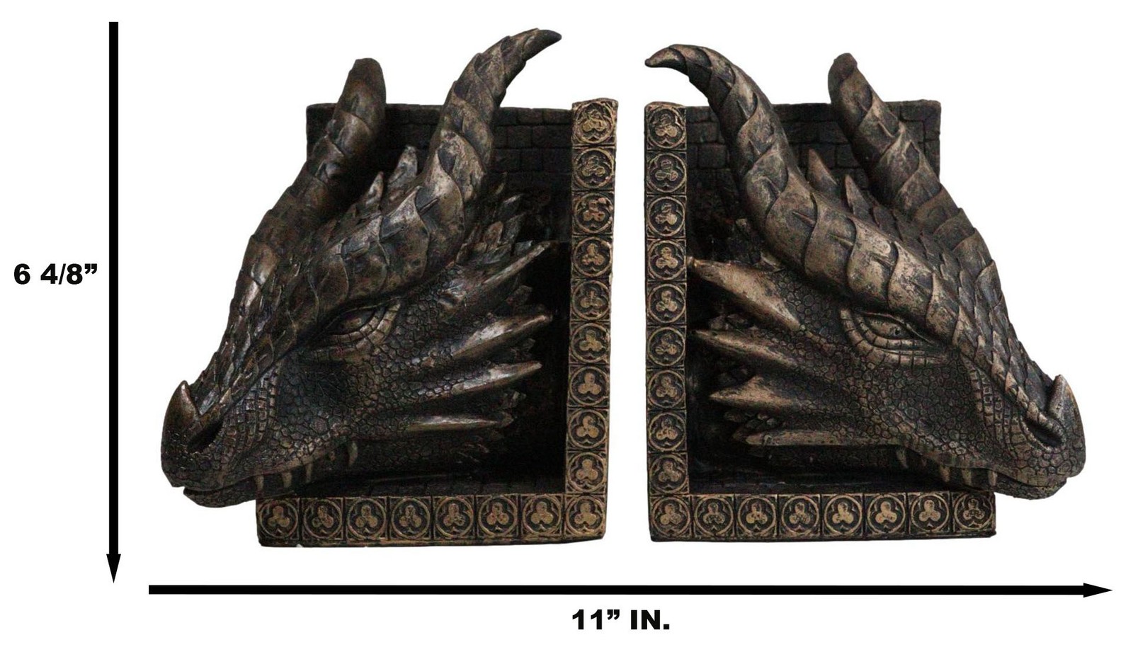 Guardians Of Bibliography Twin Dragon Heads On Pediment Bookends Statue Set