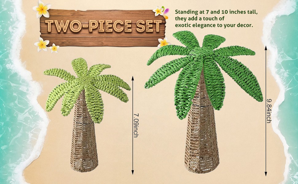 2 Pcs Weave Palm Tree Tabletop Decor, 9.8″ & 7″ Woven Rattan Palm Trees Tropical