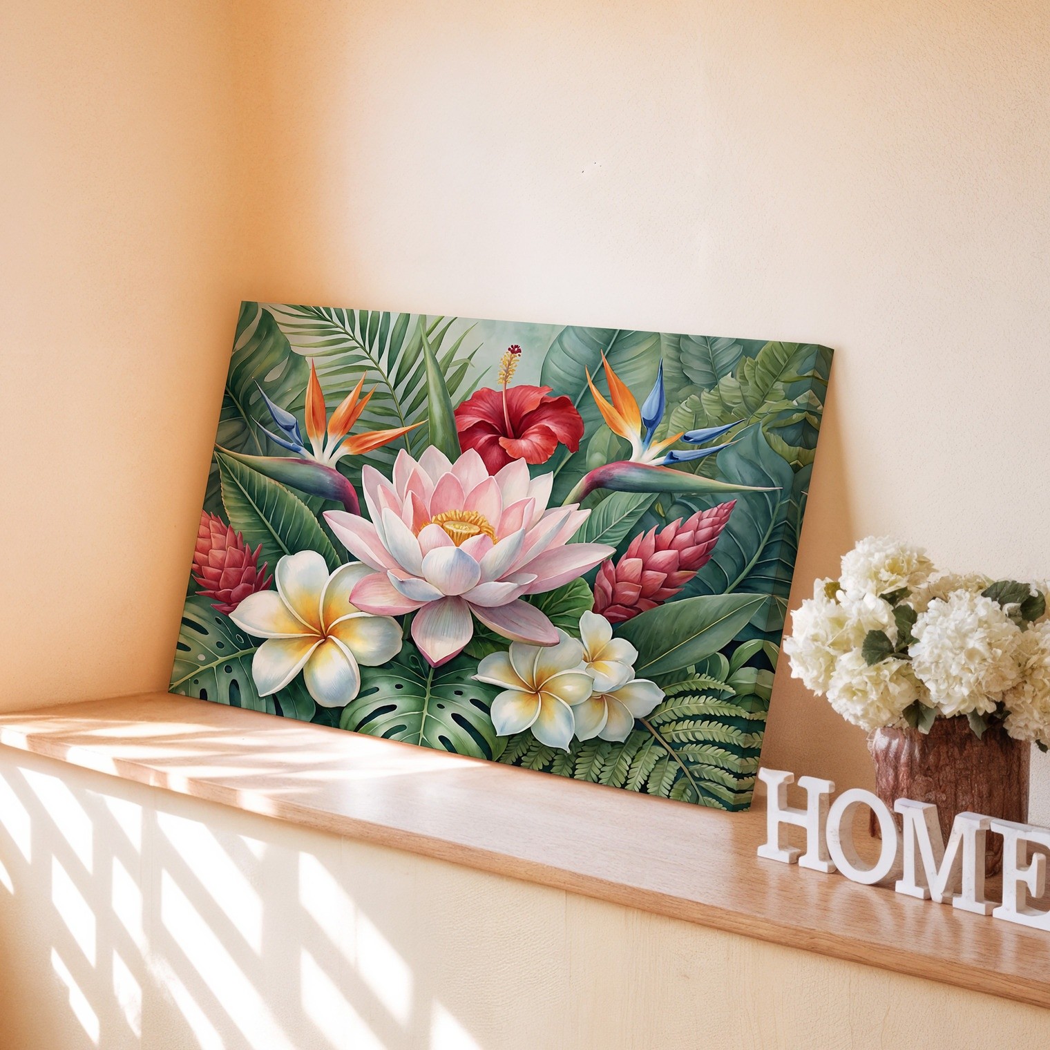 Tropical Flower Canvas Wall Art with Lotus Hibiscus Plumeria & Bird of Paradise