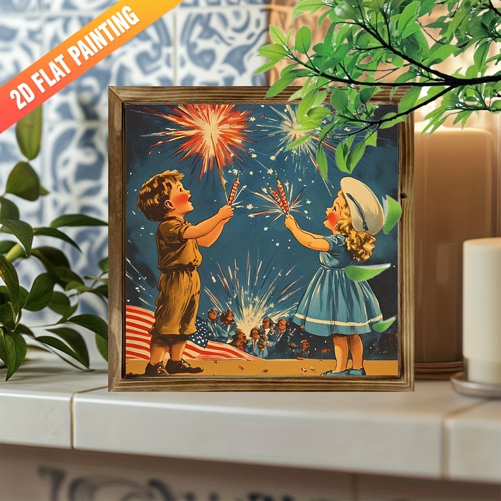 Vintage Kids Sparklers Wooden Plaque 4th of July Patriotic Independence Day Gift
