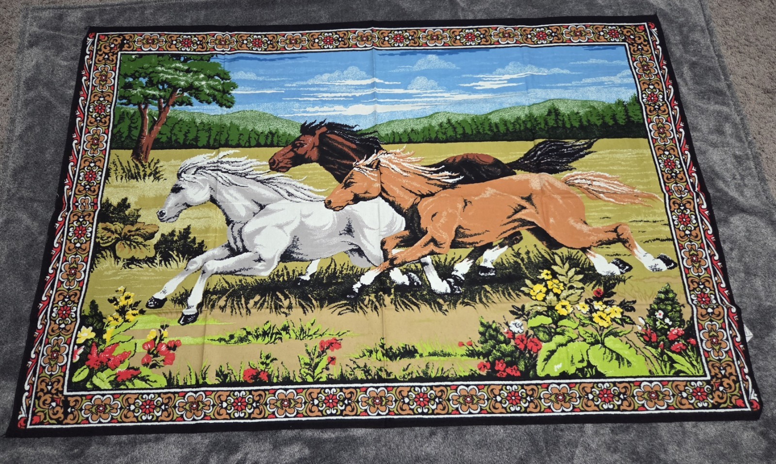 Vintage Horses Running Tapestry Wall Hanging Made In Turkey 100% Cotton 58×39″
