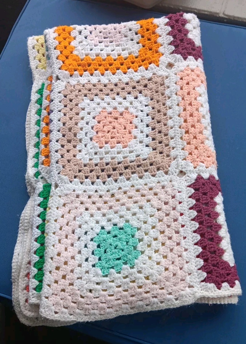 Granny Square Crochet Afghan Throw Blanket White Multi Color 62×50″ Handmade Vtg