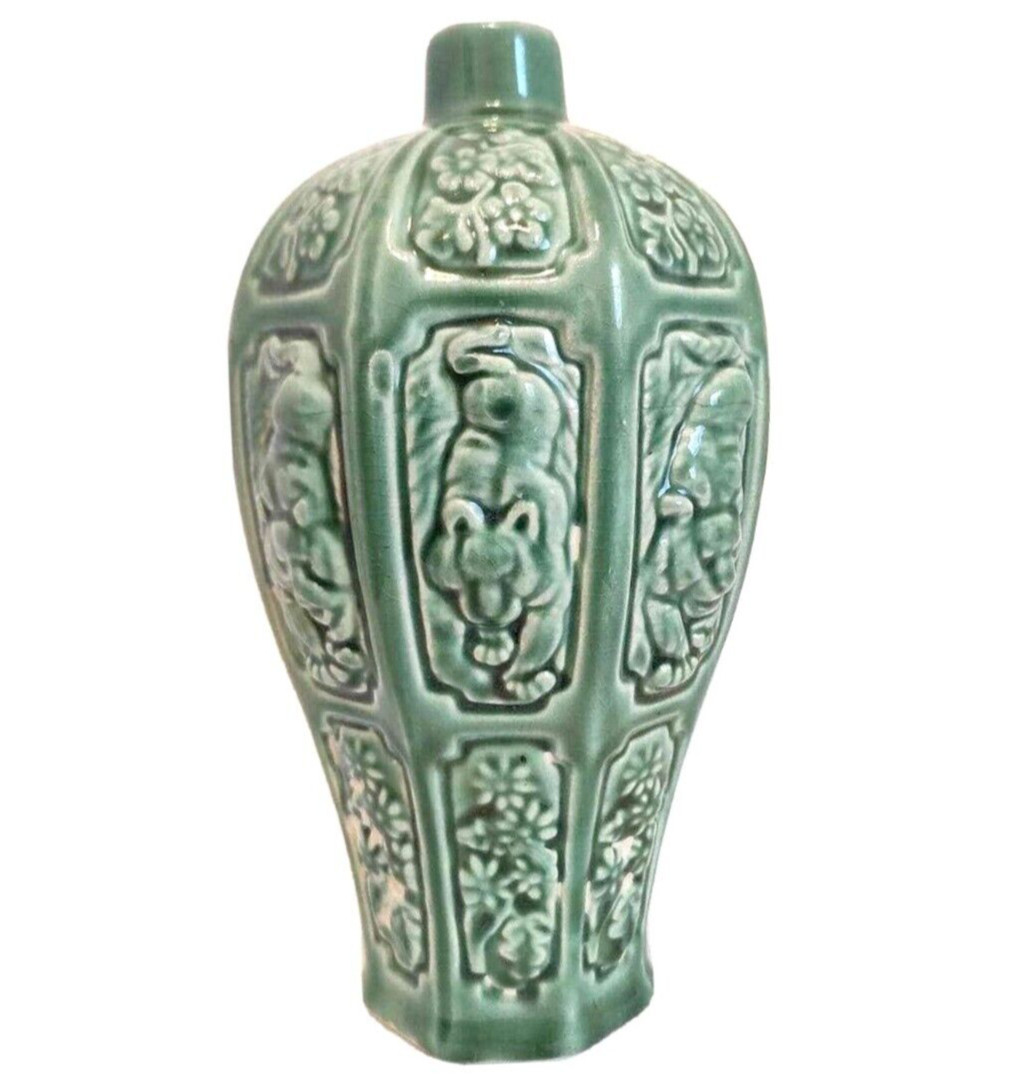 Celadon Green Glaze Majolica Porcelain Jug Relief Heavy Stalking Tigers Cork VTG