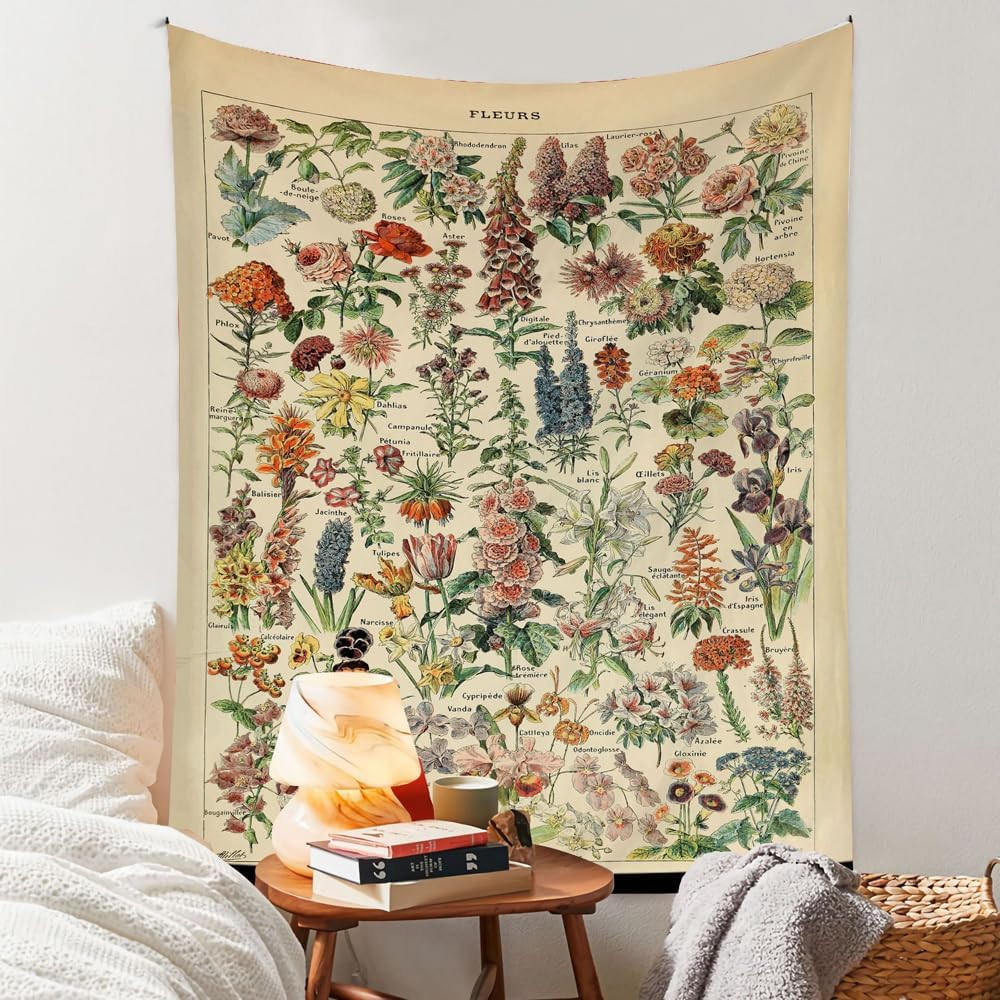Vintage Flowers Tapestry 48”X36”, Long Vertical Wall Hanging Reference Illustrat