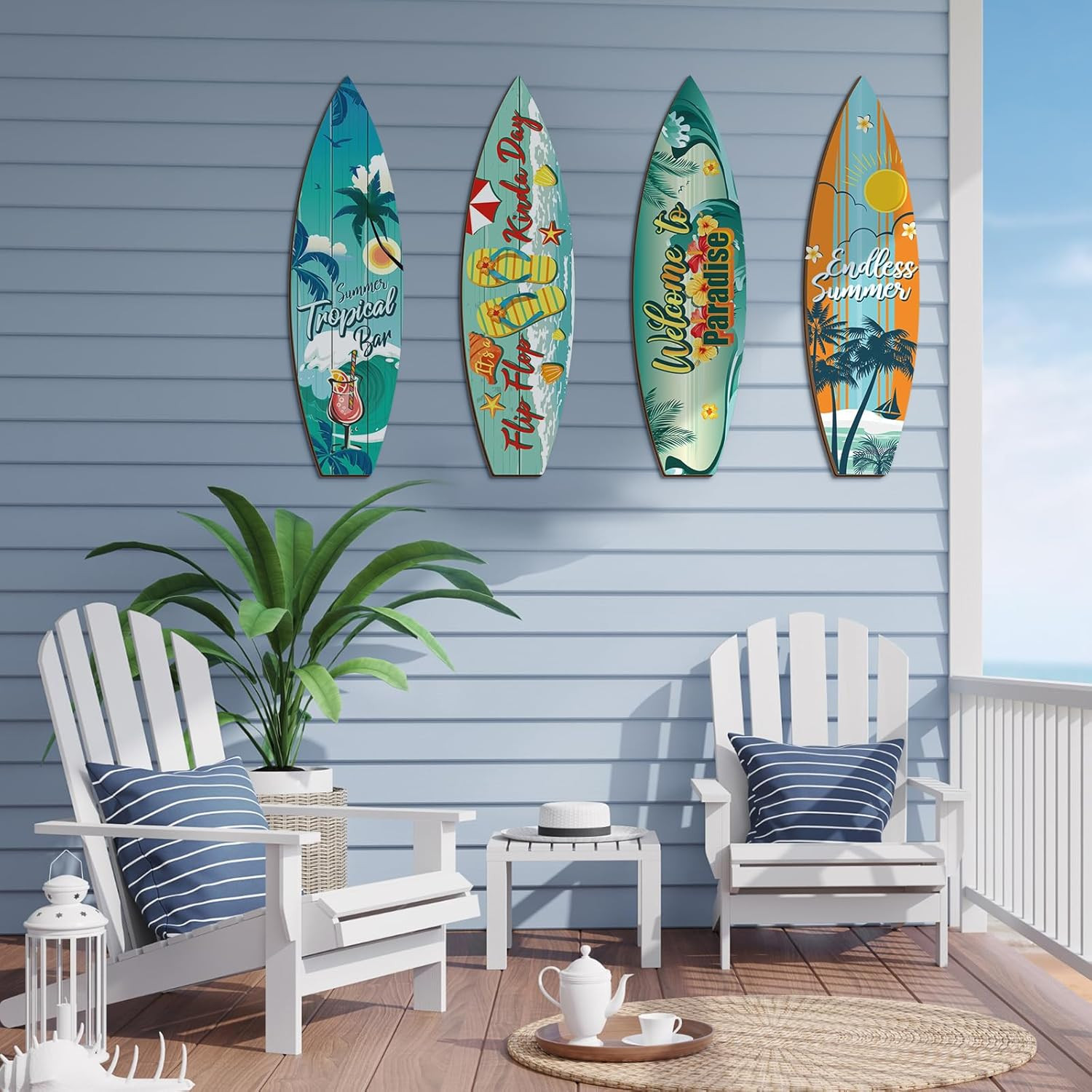 Tatuo 4 Pcs Surfboard Decor Hawaiian Wooden Beach Wall Decor Tiki Tropical Bar D