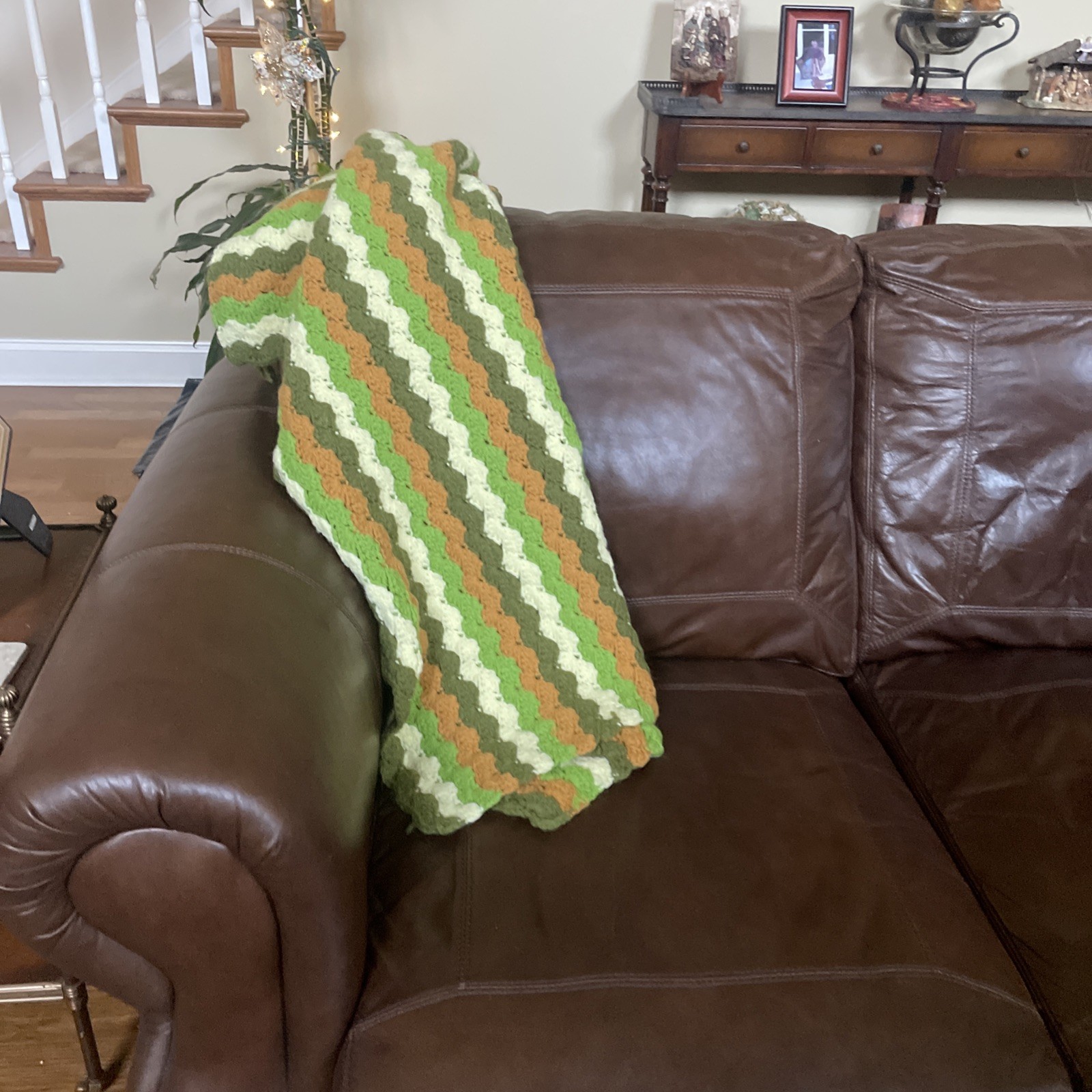 Vintage 1970s Handmade Crochet Knit Throw Lap Cover Ripple Chevron 44”X68” SOFT