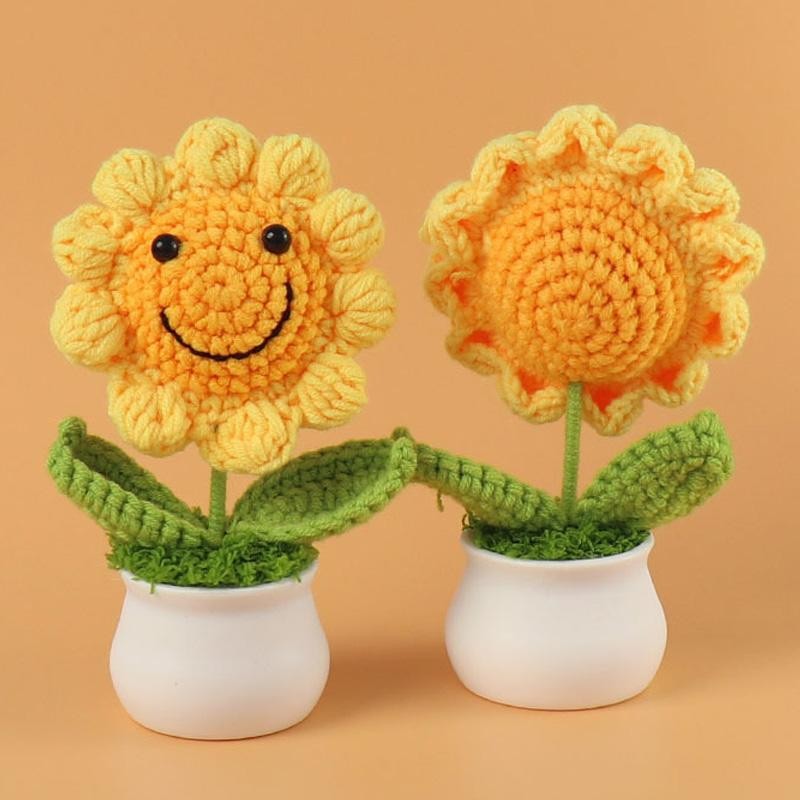 Crochet Sunflower Pot Artificial Knitted Flower Handmade Gift Wedding Decor