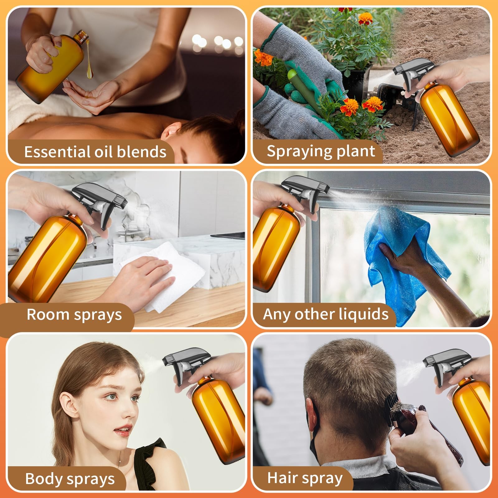 2 Pack Amber Glass Spray Bottles 16 Oz Refillable Bottles