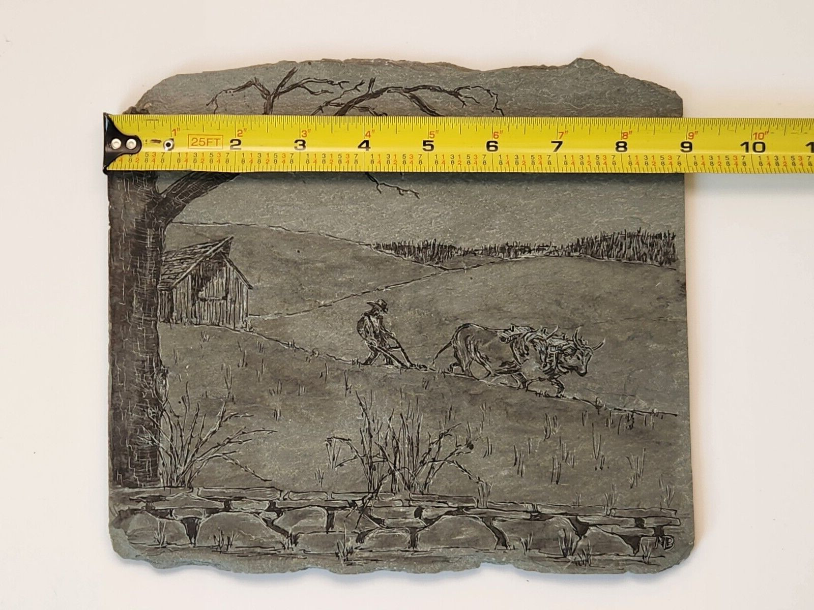 Etched Stone Wall Decor Landscape Countryside Barn Farm Animals Scenic Signed NY