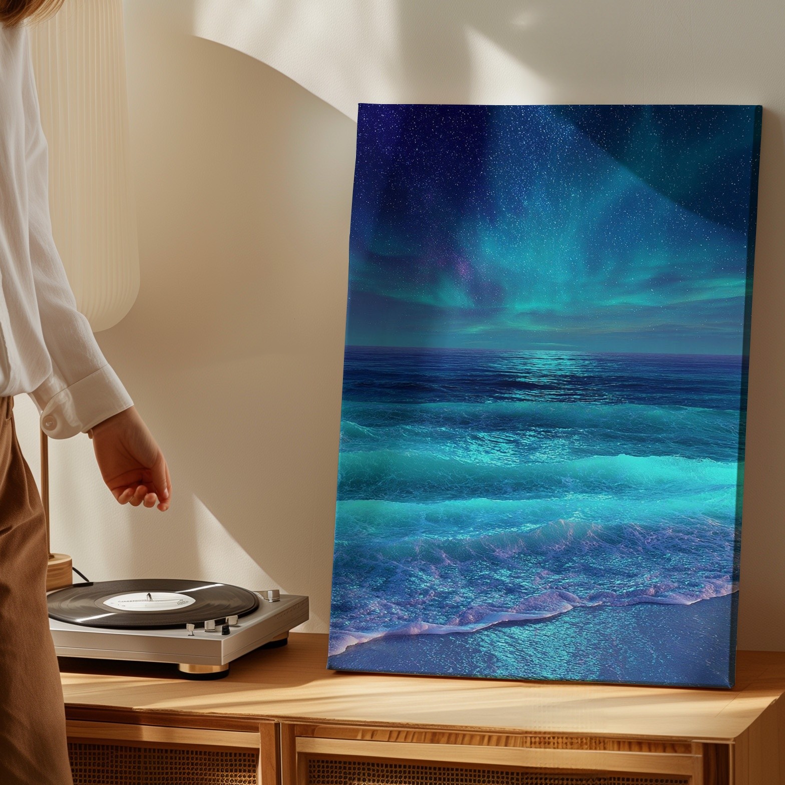 Aurora Borealis Over Calm Ocean Waves Canvas Wall Art Night Sky Print Wall Home