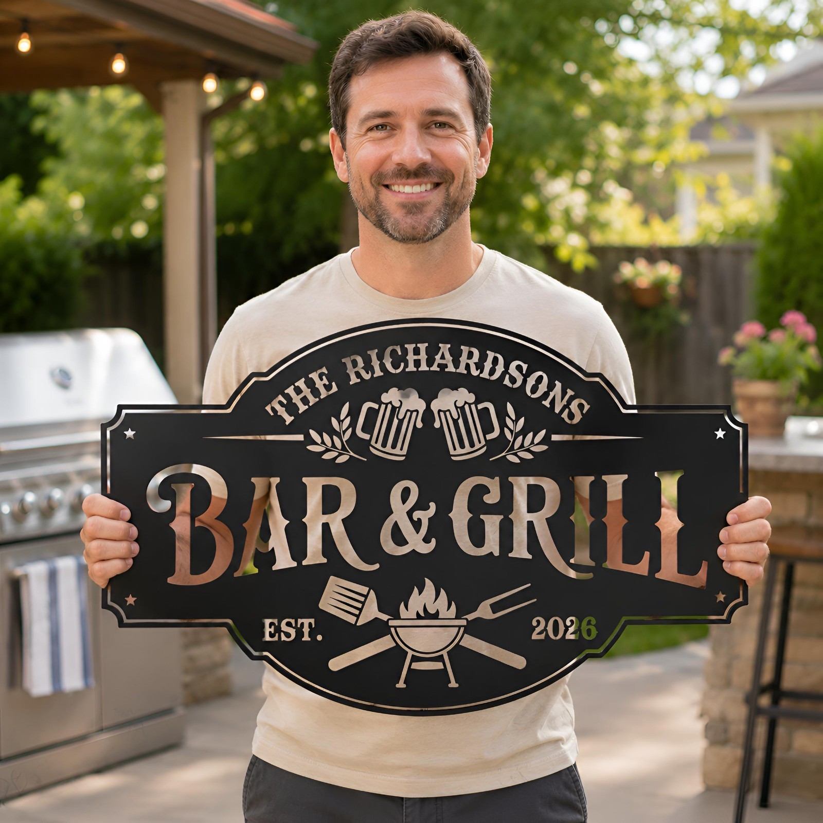 Personalized Bar and Grill Sign With Led Light, Home Bar Decor, Backyard BBQ