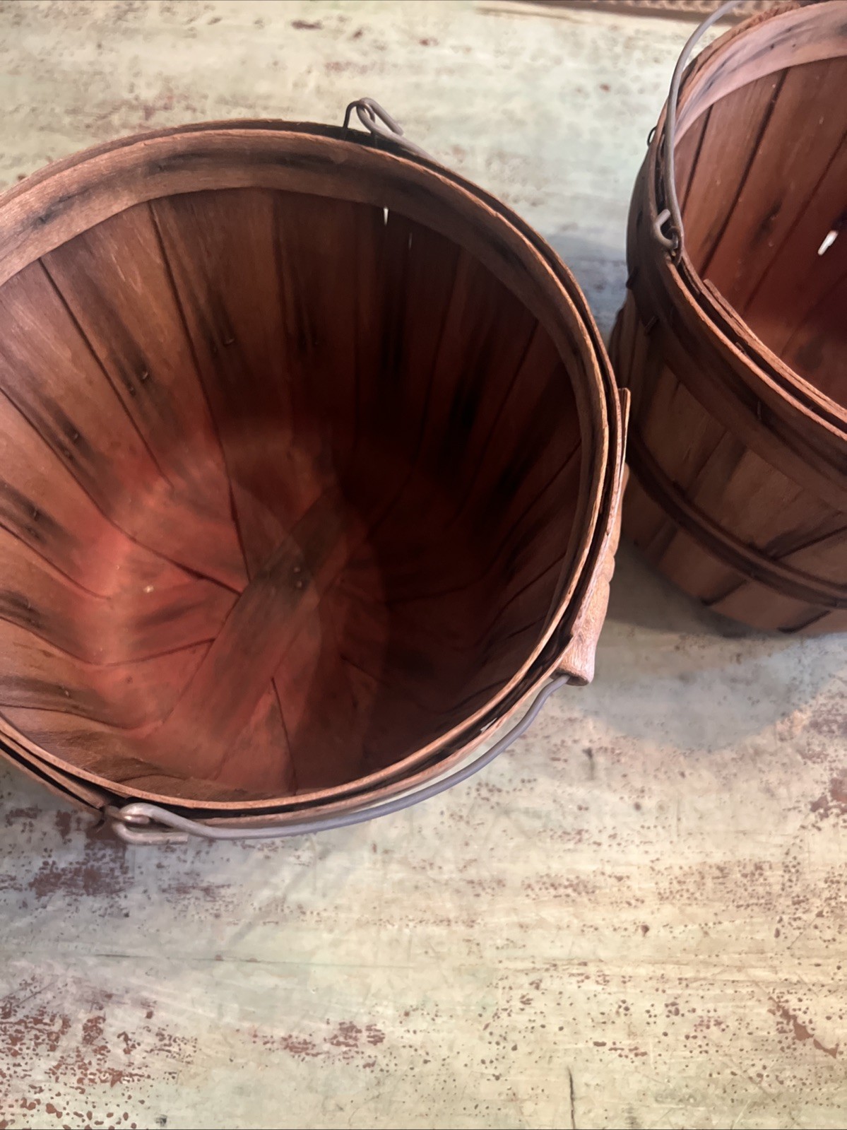 Set of 2 Vintage Wooden Berry Baskets Bentwood Primitive Farm Bucket Wire Handle