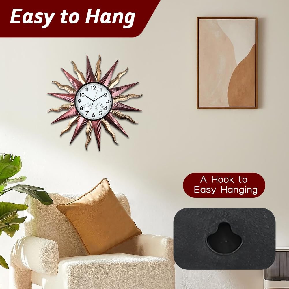 Large Outdoor Clock with Thermometer & Humidity – Silent Non-Ticking, Sun Outdoo