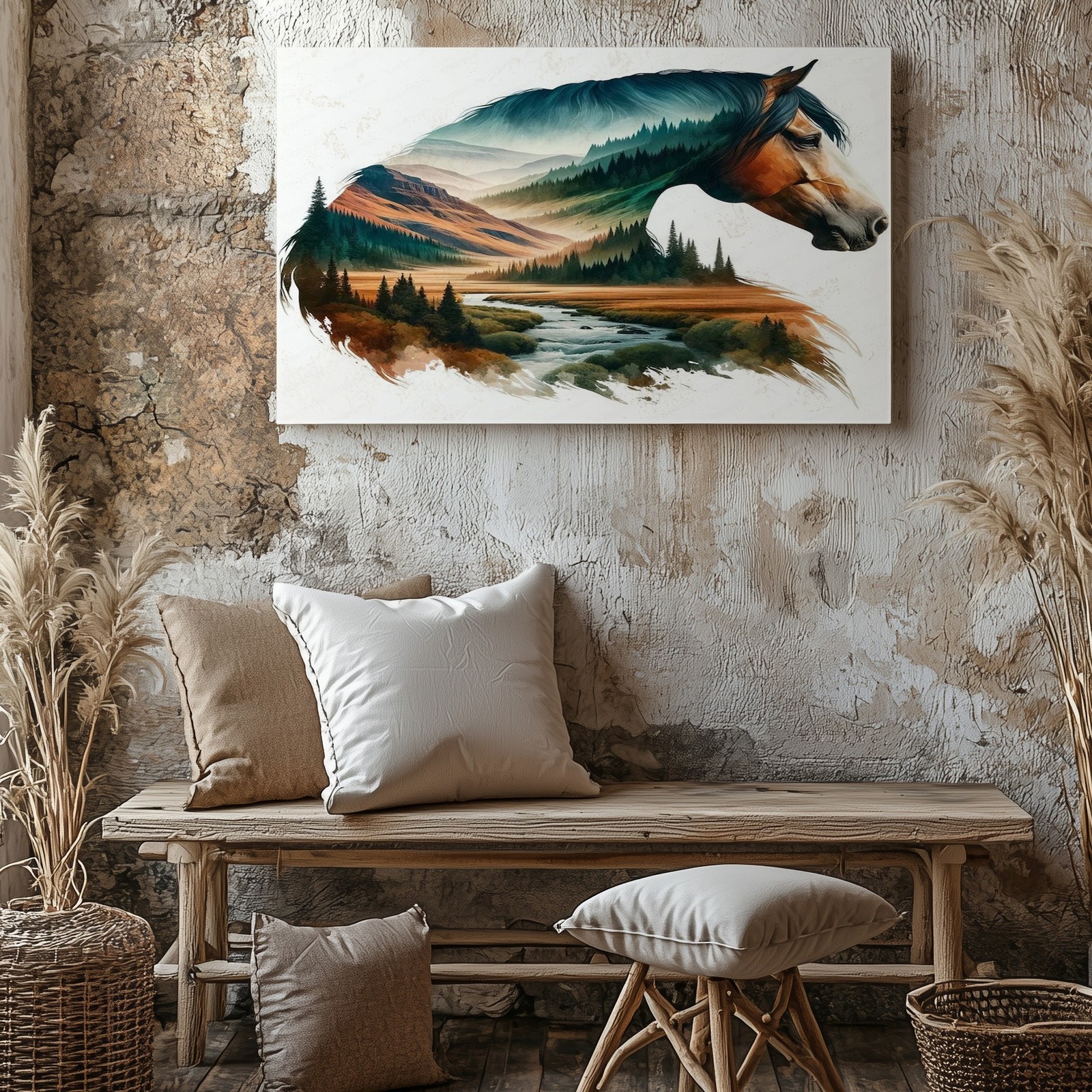 Horse and Mountain Landscape Canvas Wall Art Nature Scene River Forest Print
