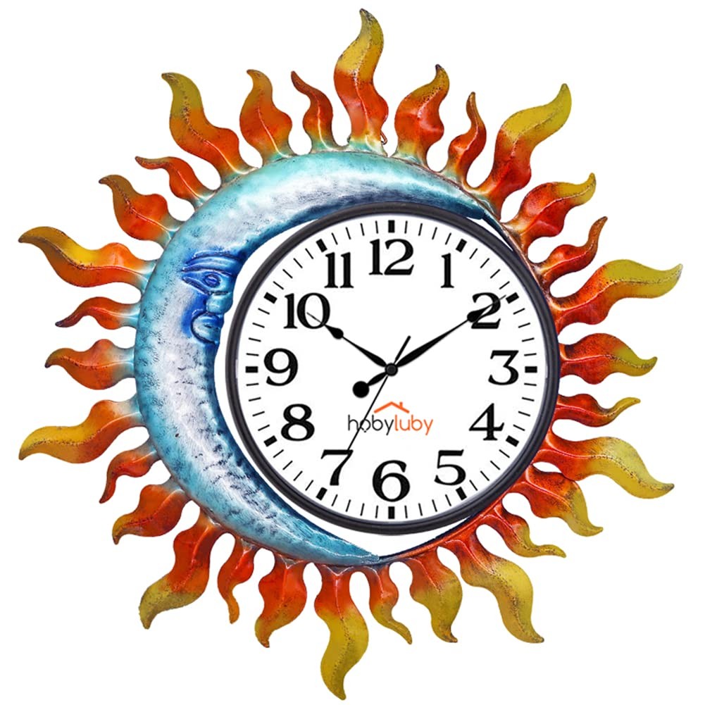 HOBYLUBY Outdoor Clock，Sun-Moon Wall Clock Silent Small, Blue-orange