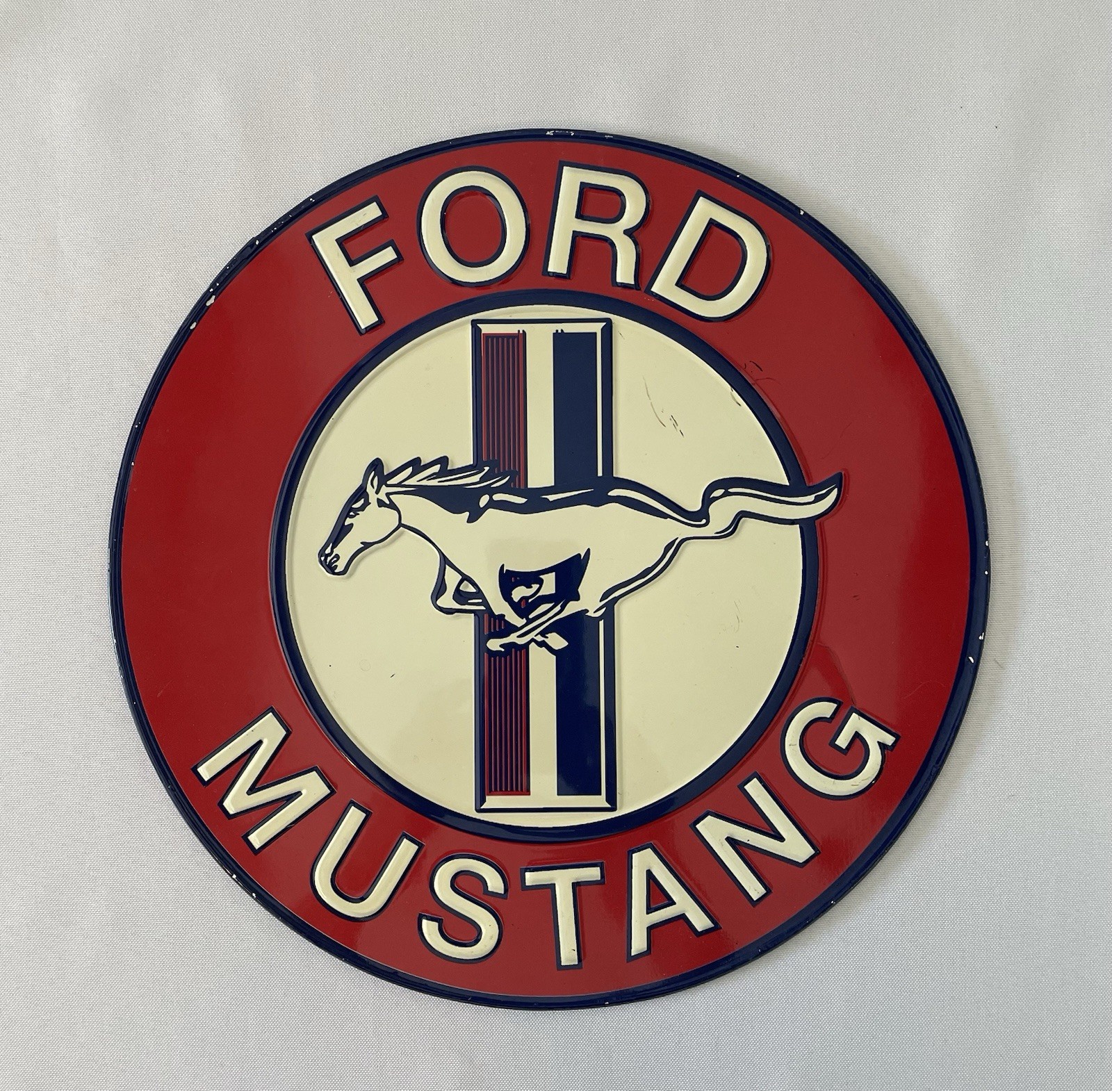 Ford Mustang Round 11.5”Metal Sign Silver Pony Red White Blue Embossed