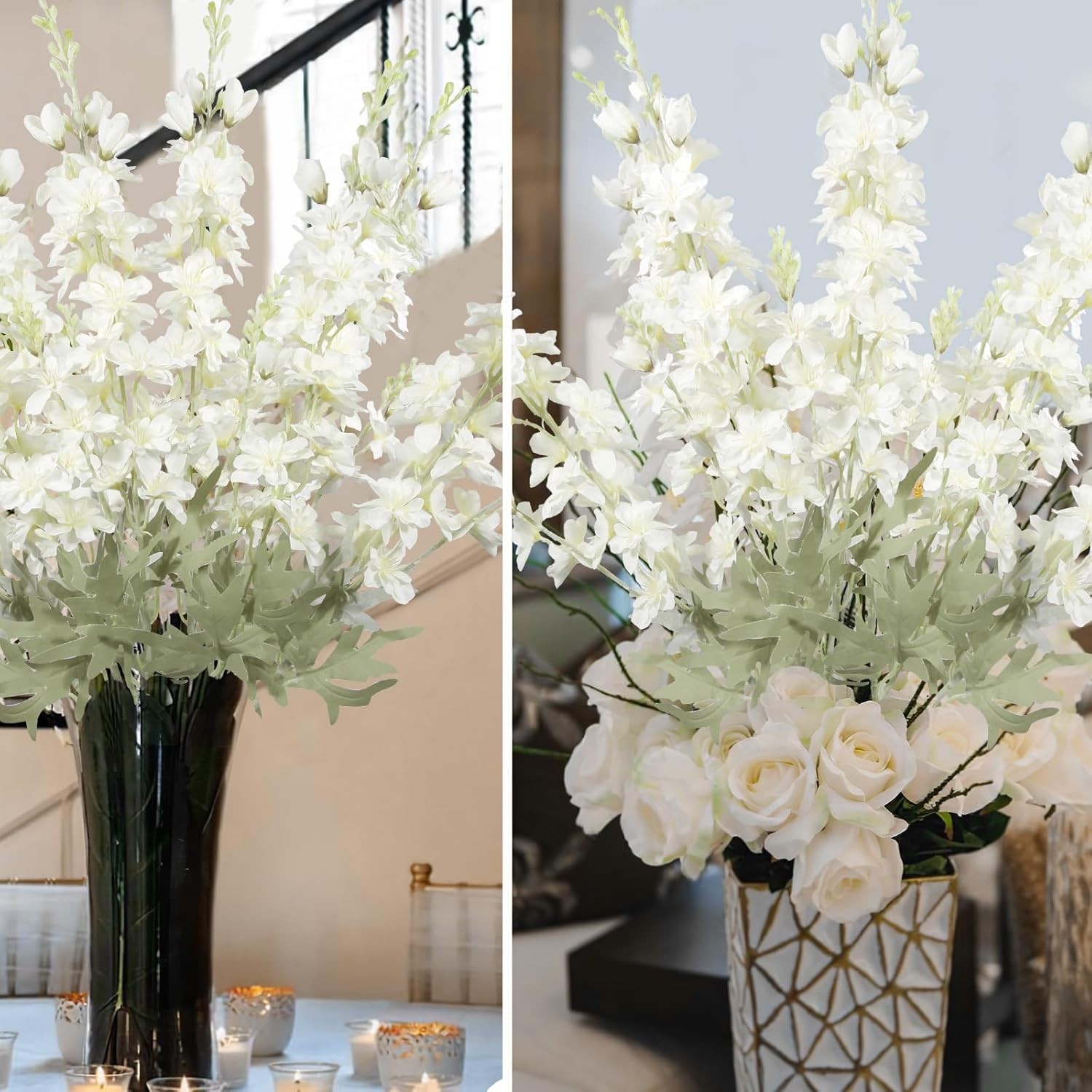 4Pcs White Artificial Delphinium Flowers 33.5″ Silk Larkspur Bulk Fake