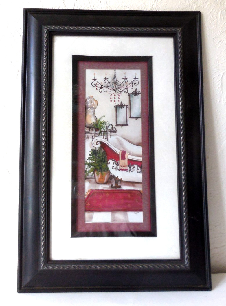 Bathroom Wall Art Claw Foot Tub, Chandelier, Dress, Red Decor Matted Print Retro