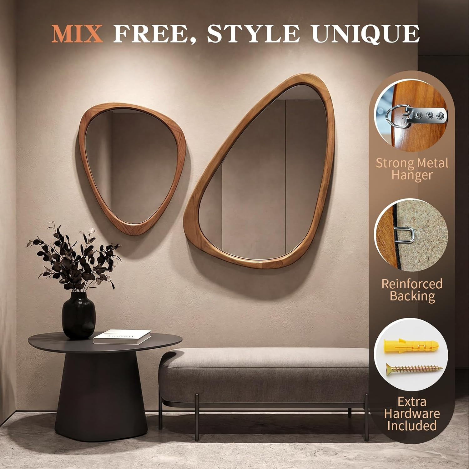 Unique Asymmetrical Wooden Mirror 48″ X 22″ for Living Room & Entryway