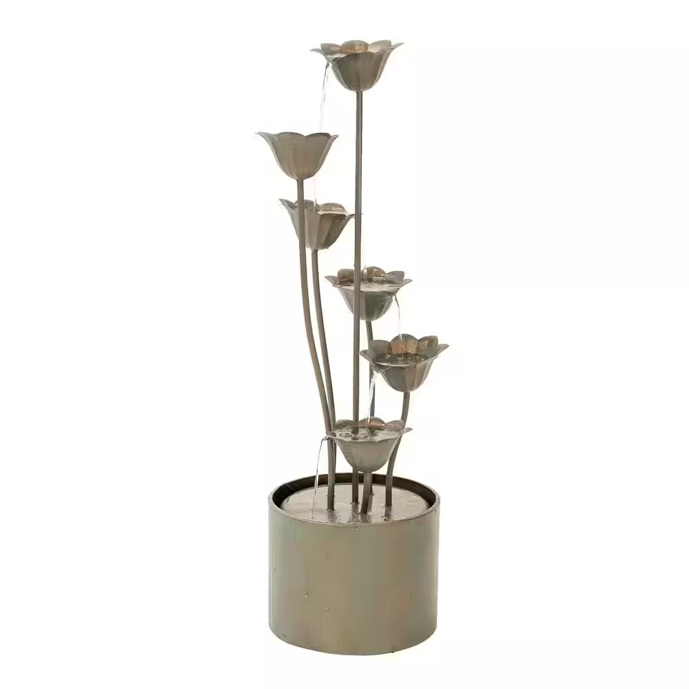 Metal Sculptural Multi-Tiered Flower Water Fountain, Silver, 35 In. Tall
