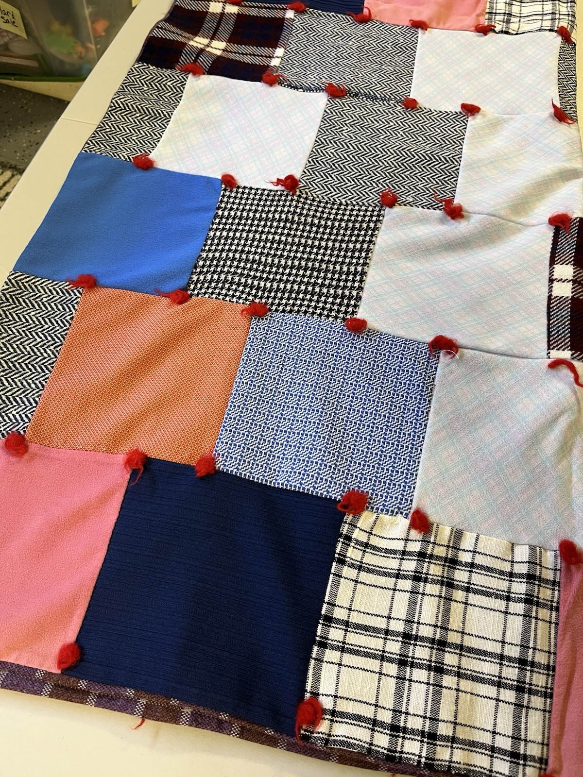 Vintage Patchwork Block Lap Blanket Multi Color Fabric approx 38.5 in x 41.5 in