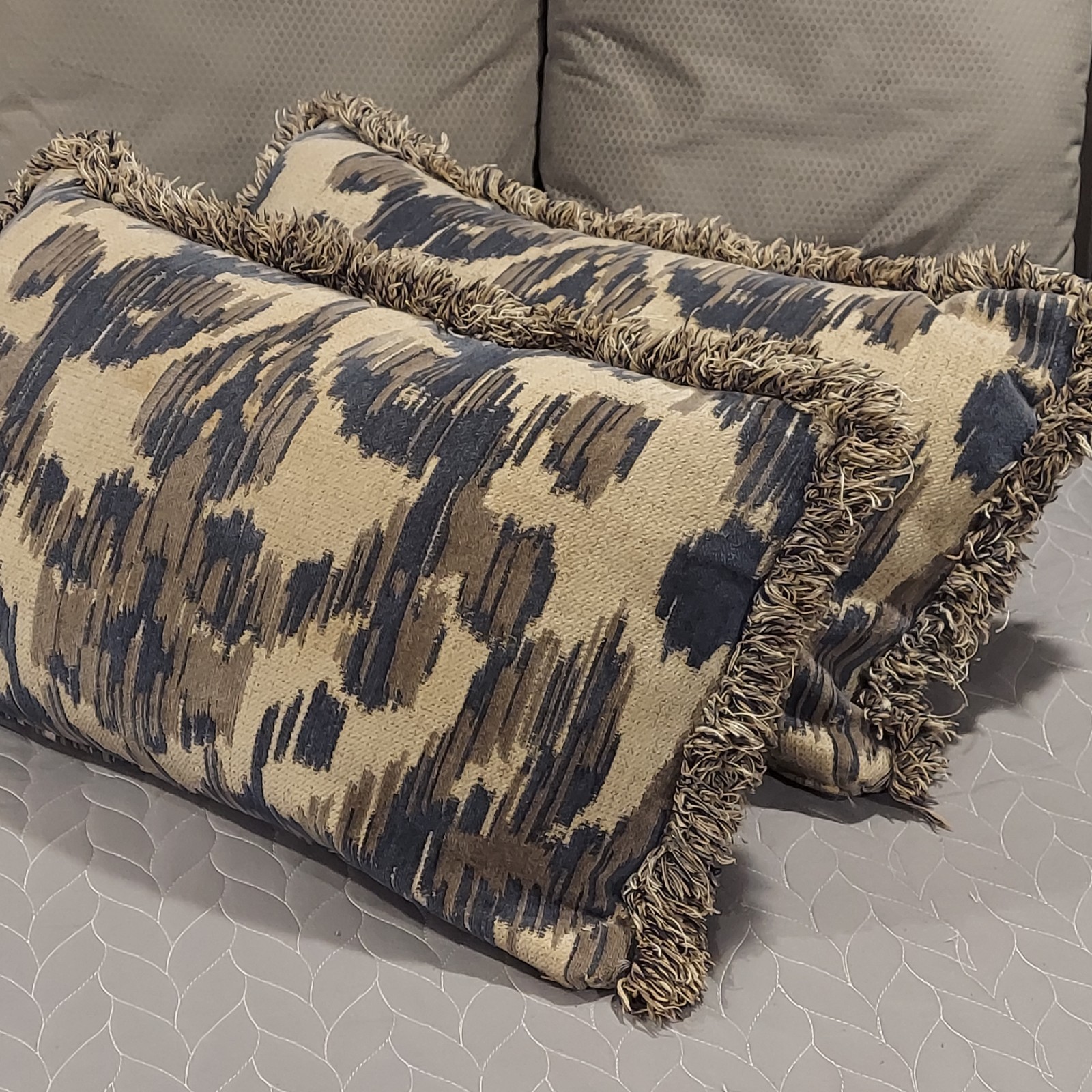 2 Fringed Fabric Pillow Covers Navy Beige Foamcraft Pillow Poly Duck Down Duck