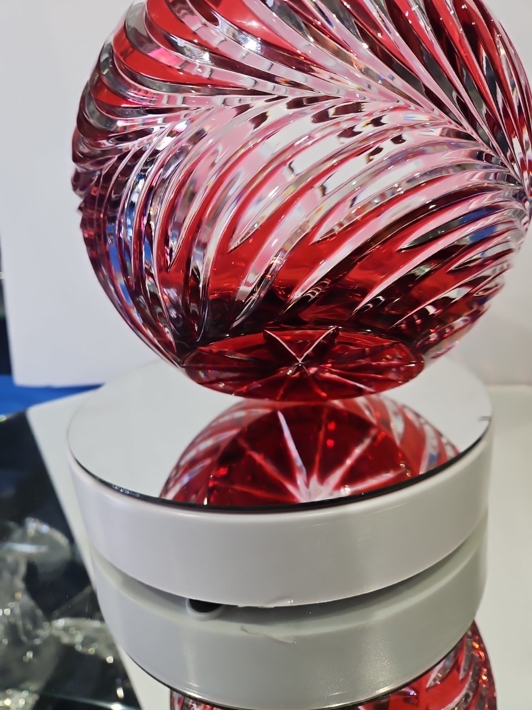 6″ Rose Globe Bowl Vase, Glass Cranberry Red Pink Cut to clear Crystal Lausitzer