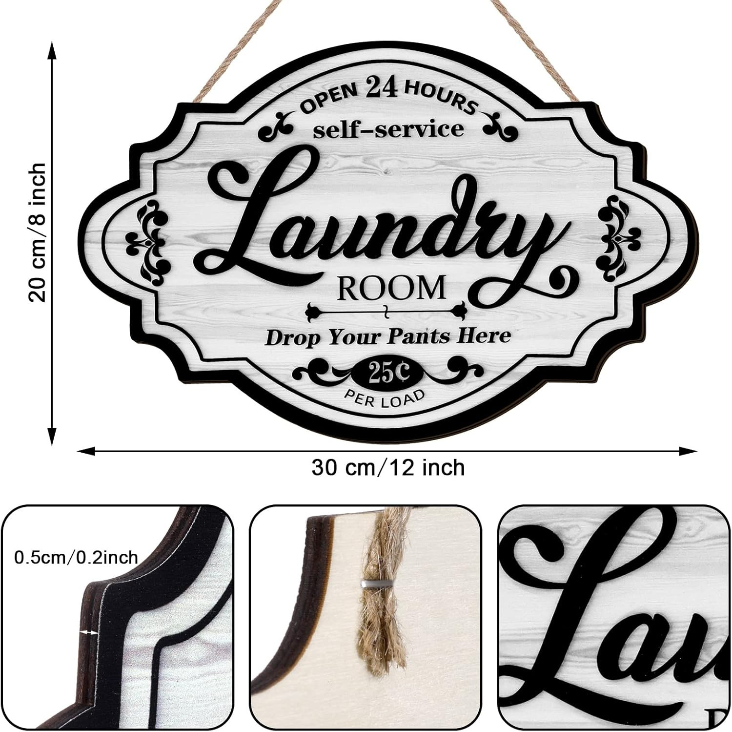 Rustic Vintage Wood Laundry Room Wall Sign for Home Decor, 12×8 Inches