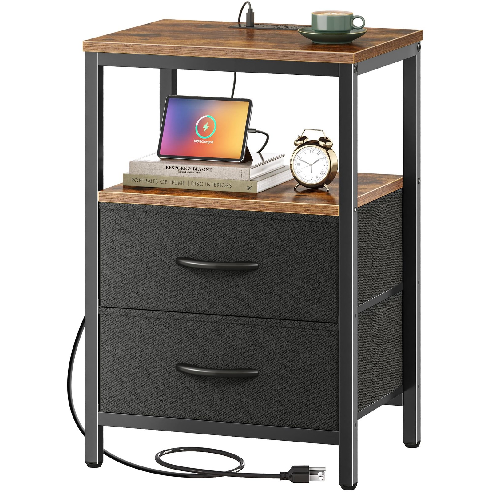 Huuger Nightstand with Charging Station, Side Table with Fabric Drawers, End …