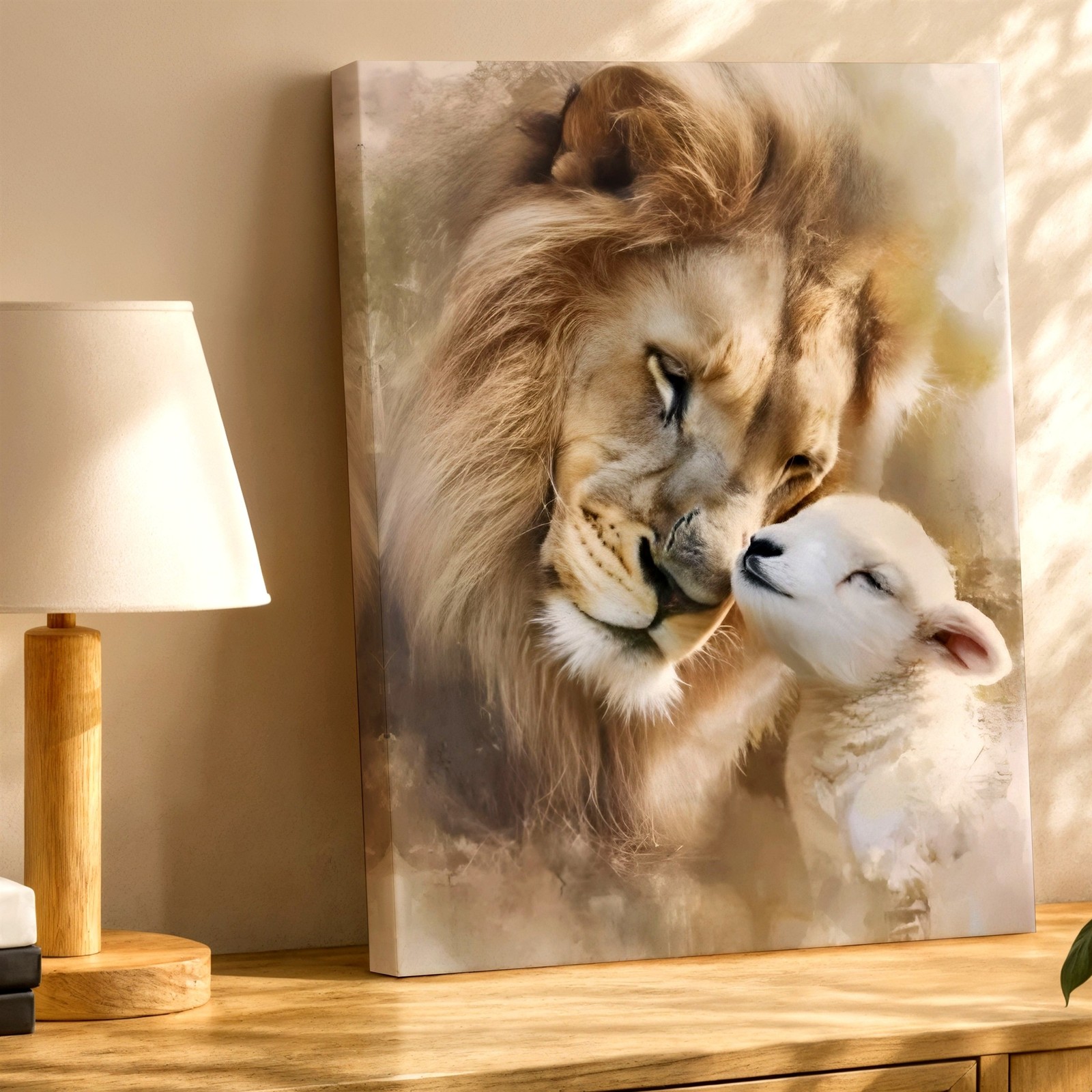 Wall Art Lion and Lamb Canvas Print Neutral Animal Portrait Farm Safari Decor