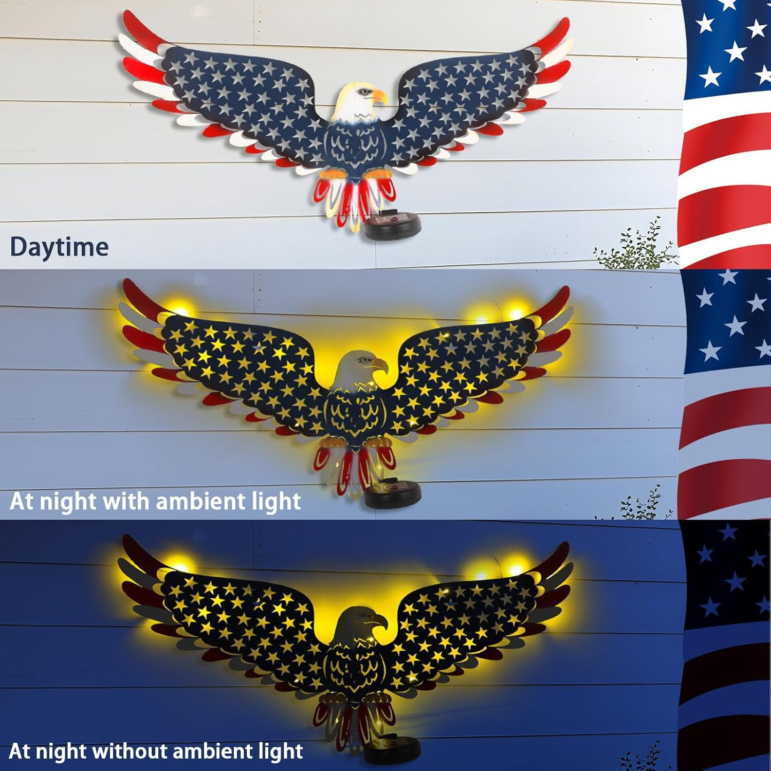 23″ American Eagle Metal Wall Art with Solar Lights Outdoor – 4Th of July Decora