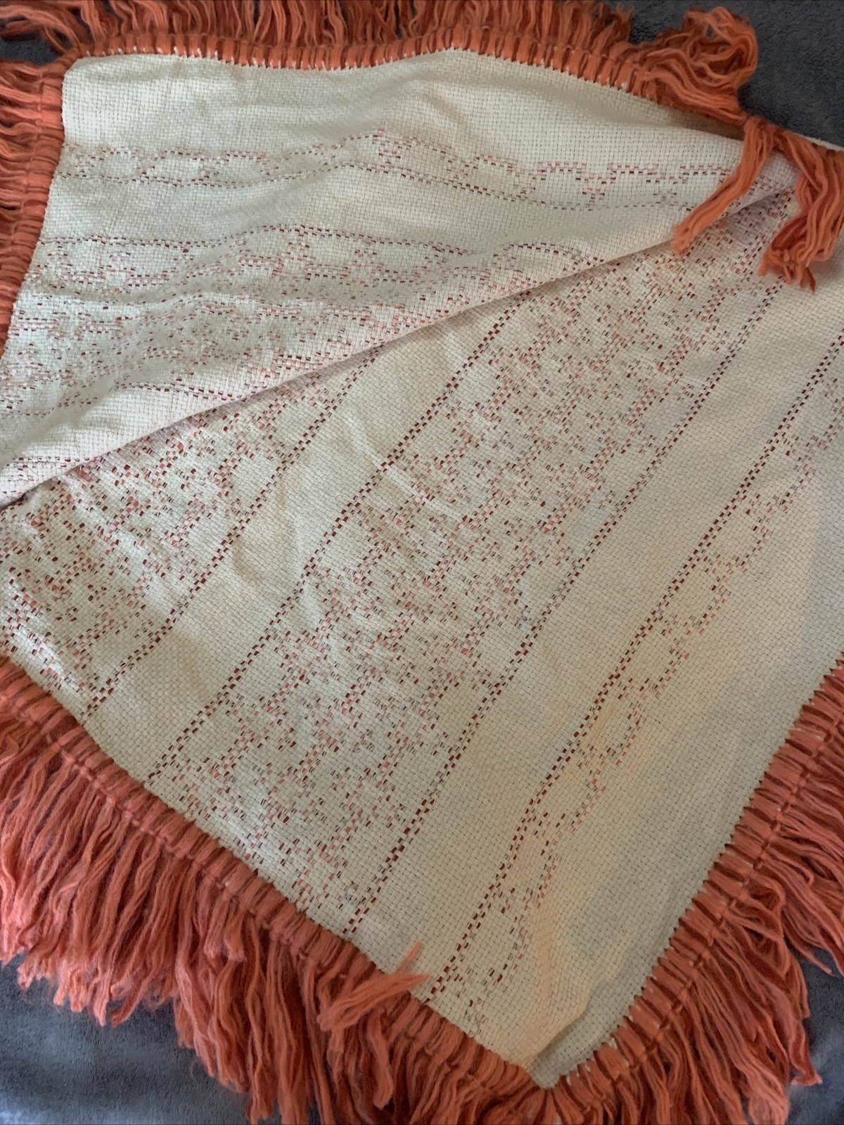 Handmade Fringed Embroidered Throw Blanket Orange Off White 55” X 76” BOHO